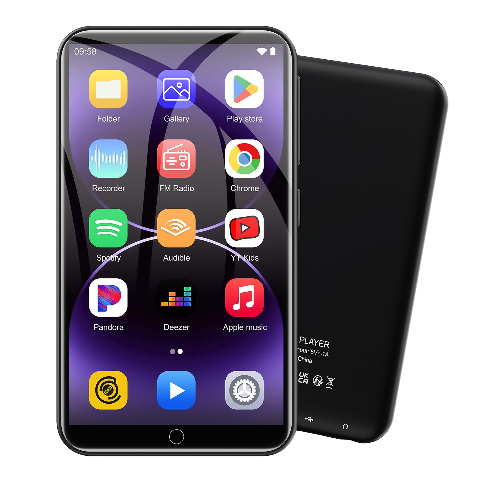 Lettore MP3 ZAQE da 80 GB con Bluetooth e WiFi, lettore MP3 MP4 con touchscreen da 4,0 pollici, lettore MP3 Android con Spotify, Audible, Deezer, lettore musicale HiFi con kinder (Nero)