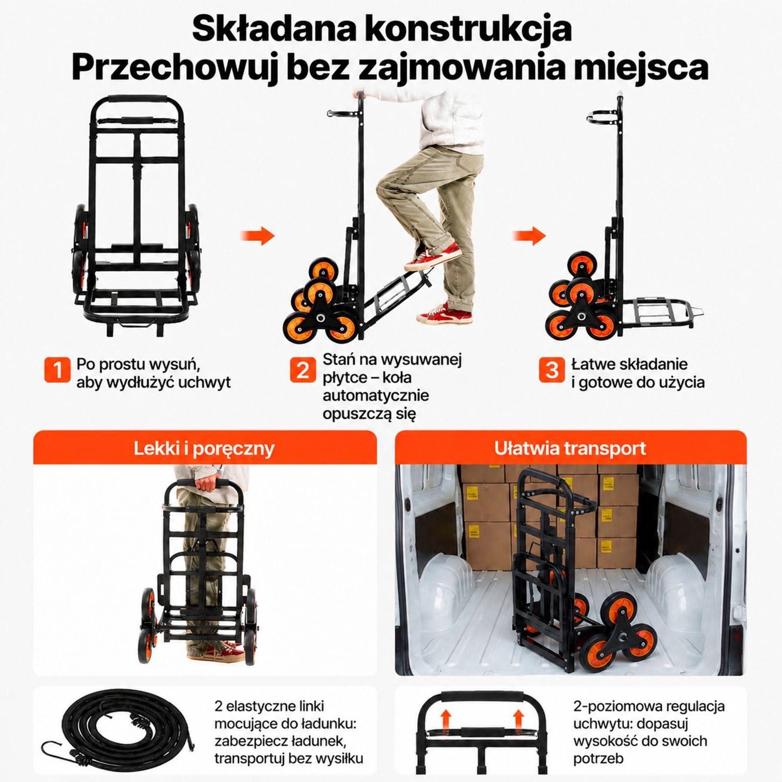 Składany wózek schodowy z teleskopową rączką, rama ze stali węglowej, 6 kółek, 2 pasy napinające, udźwig 100 kg, do domu, na zakupy i do przechowywania
