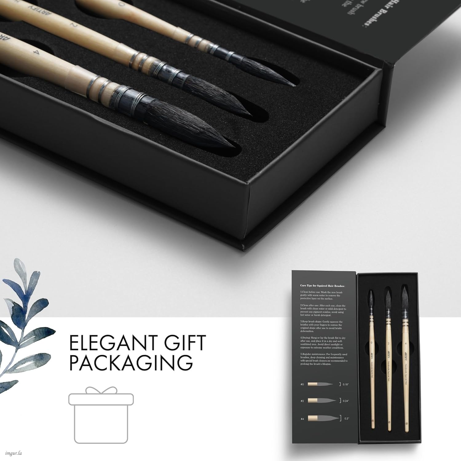 ARTIFY 3PCS Professional Natural Squirrel Hair Quill Round Fine Tip Detail Watercolor Brush Set | Ideal for Watercolor and Gouache Painting | Sizes #0, #2, #4
