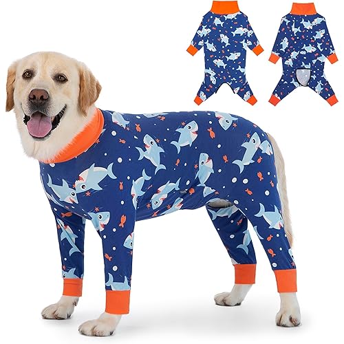 Yeapeeto Dog Recovery Suit After Surgery Soft Long Sleeve Dog Neuter Shirt Cone Alternatives, Prevent Licking Dog Surgical Onesies for Large Medium Dog Shedding Suit (Blue Shark, 4XL)