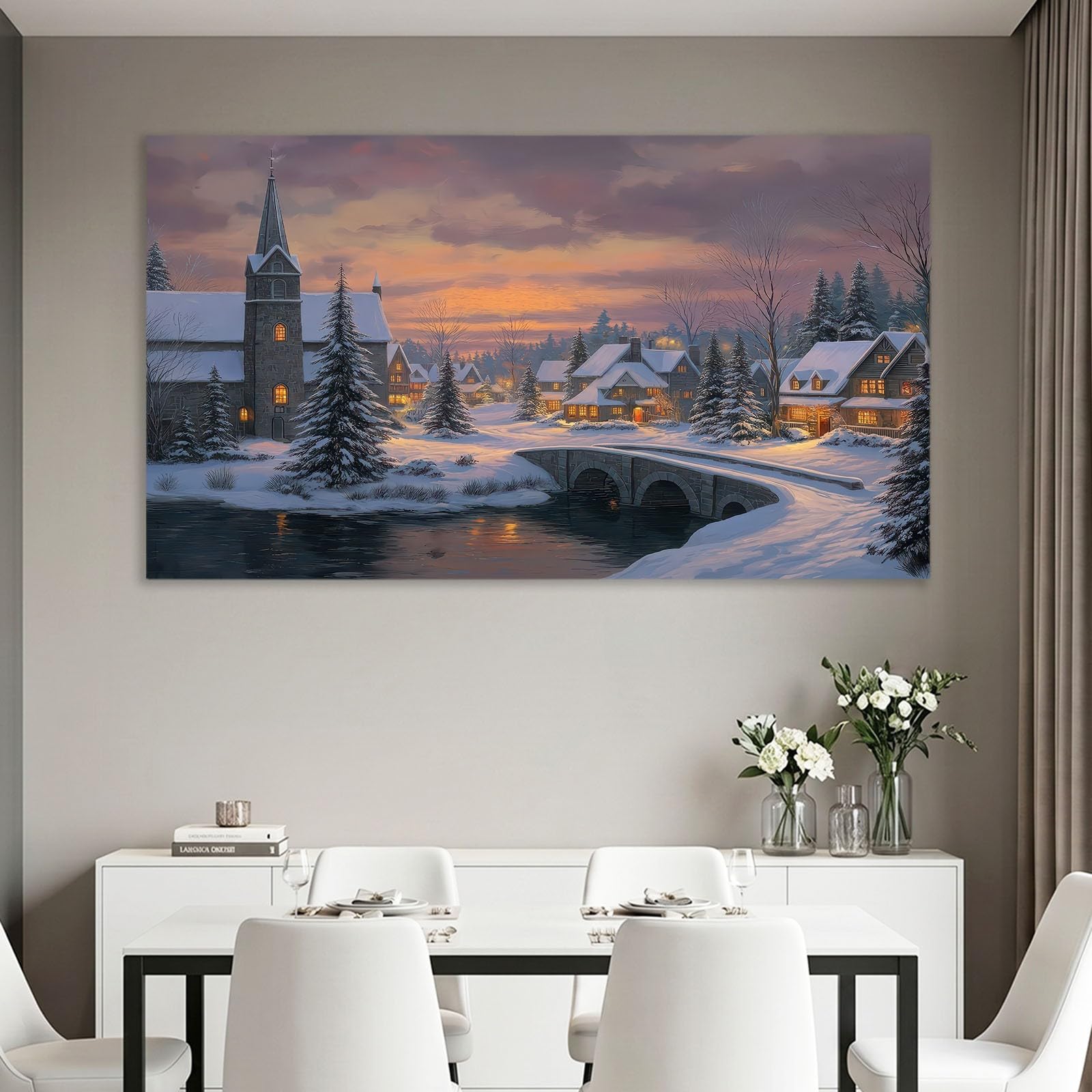 Deco Cadre Décoration Salon Ville sous la neige Impression sur Toile 100L x 75W cm Image Tableau Decoration Murale Chambre Cuisine Église d'Hiver Horizontal Art Wall Tableaux Decoratifs Muraux