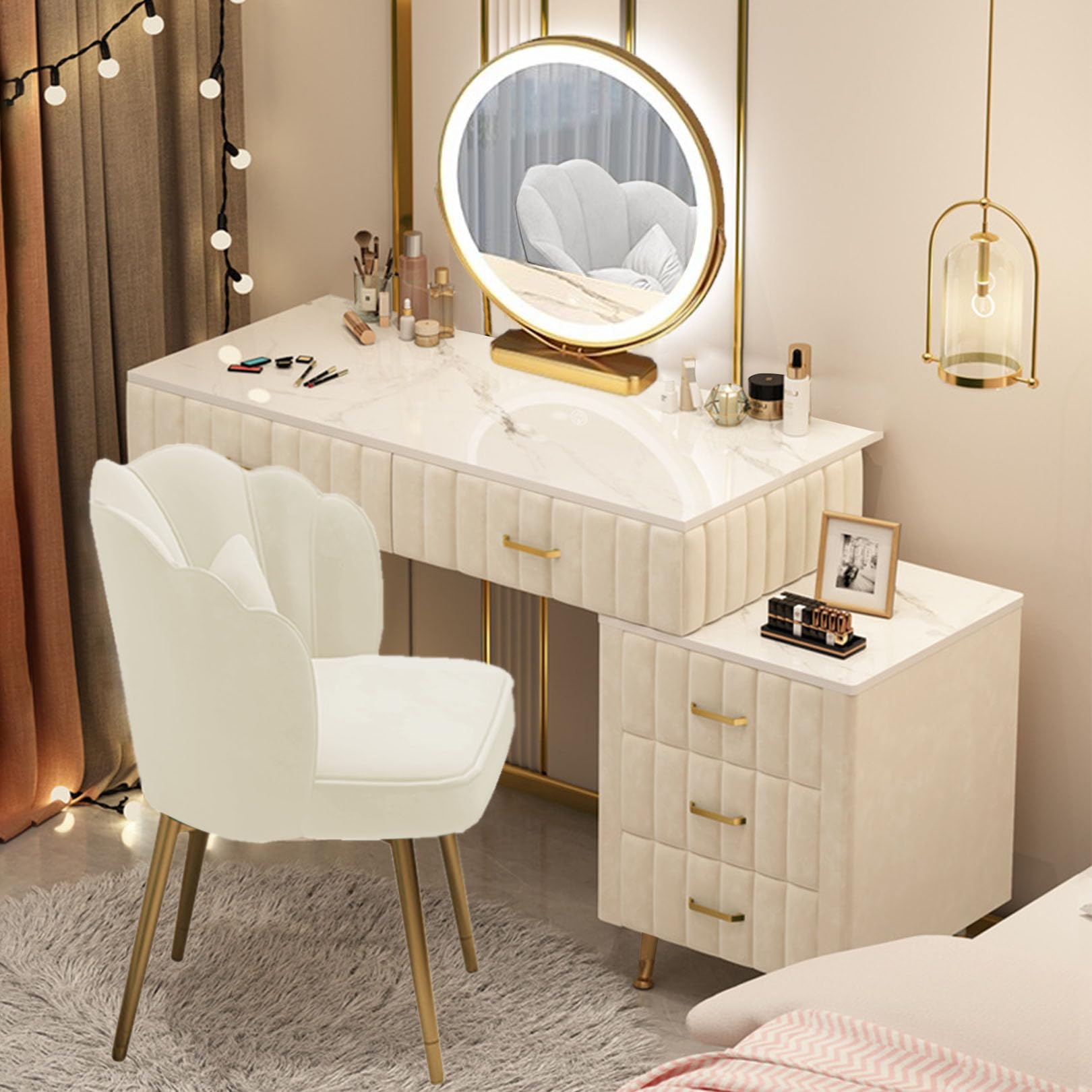 Mobile da trucco bianco con specchio, 5 cassetti, 3 modalità di illuminazione, 100 cm, elegante mobile per camera da letto per gli amanti del trucco, design salvaspazio, elegante tavolo da toeletta
