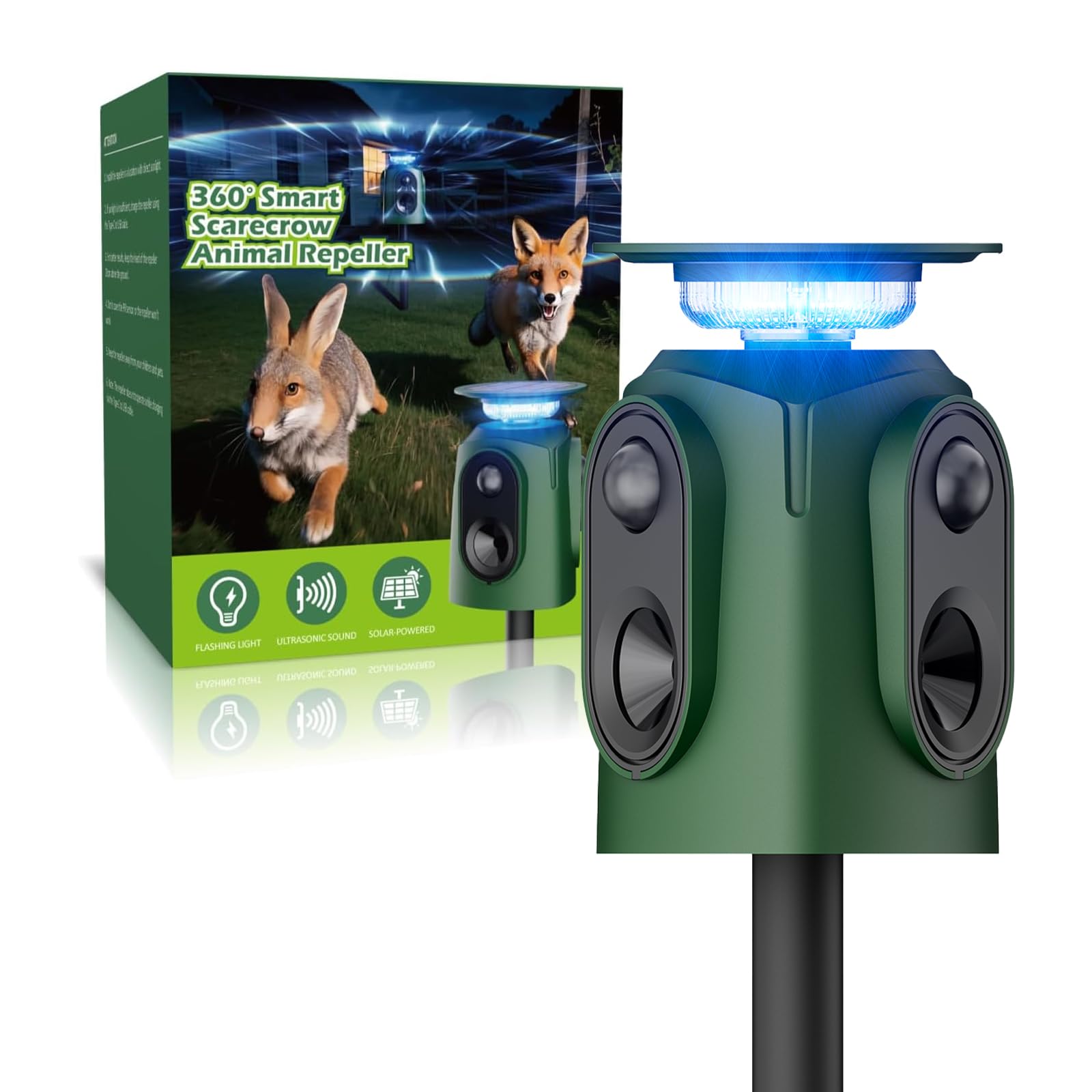 Repelente Gatos Ultrasonido, Jkevow 360° Ahuyentador Gatos 5 Modos con Sensor de Movimiento y Flash,Ahuyentador de Gatos para Pájaros,Perros,Zorros