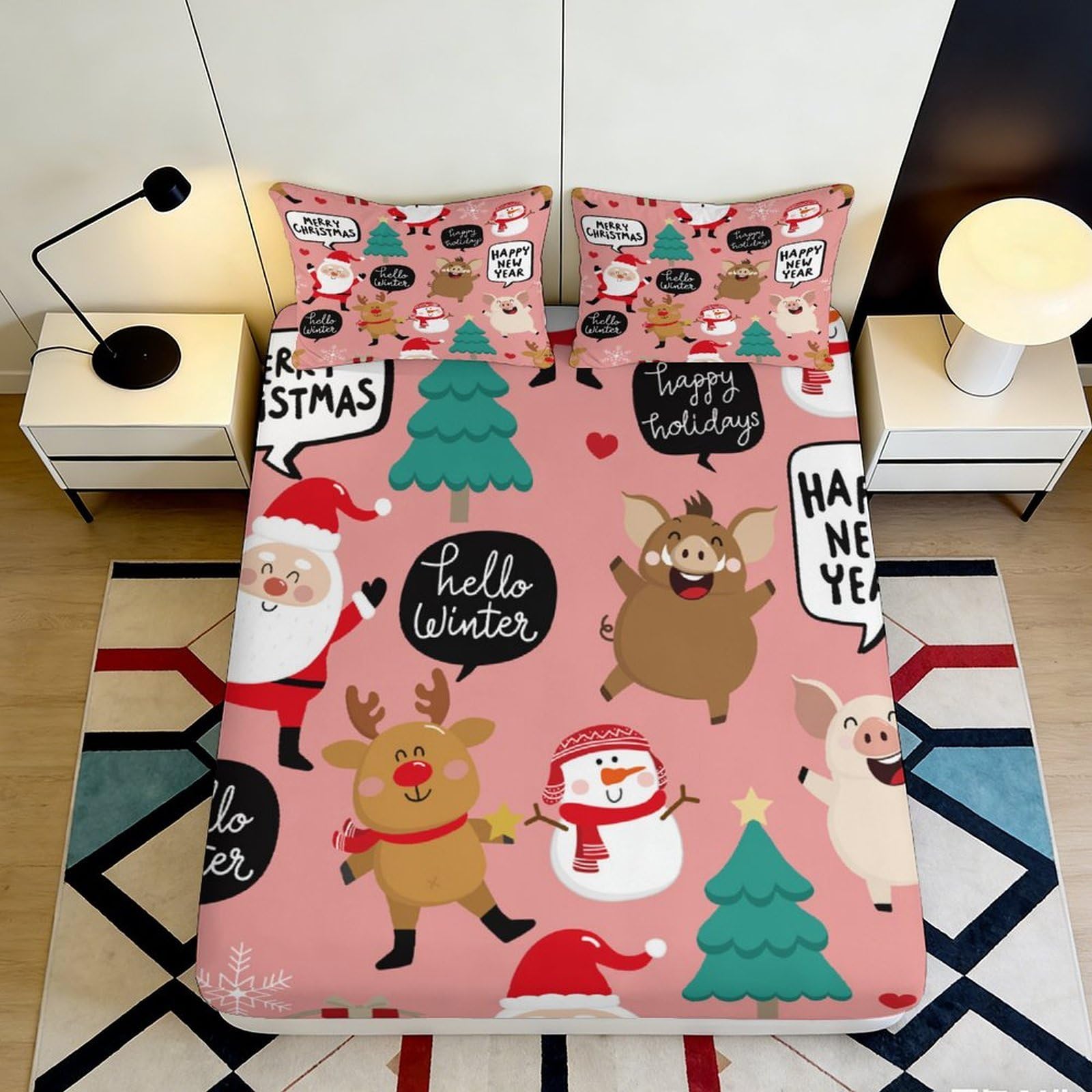 3D Printed Christmas Santa Fitted Sheet Microfiber Soft Reindeer Snowman Bed Cover for Bedroom Dorm Decor 90x200x25cm