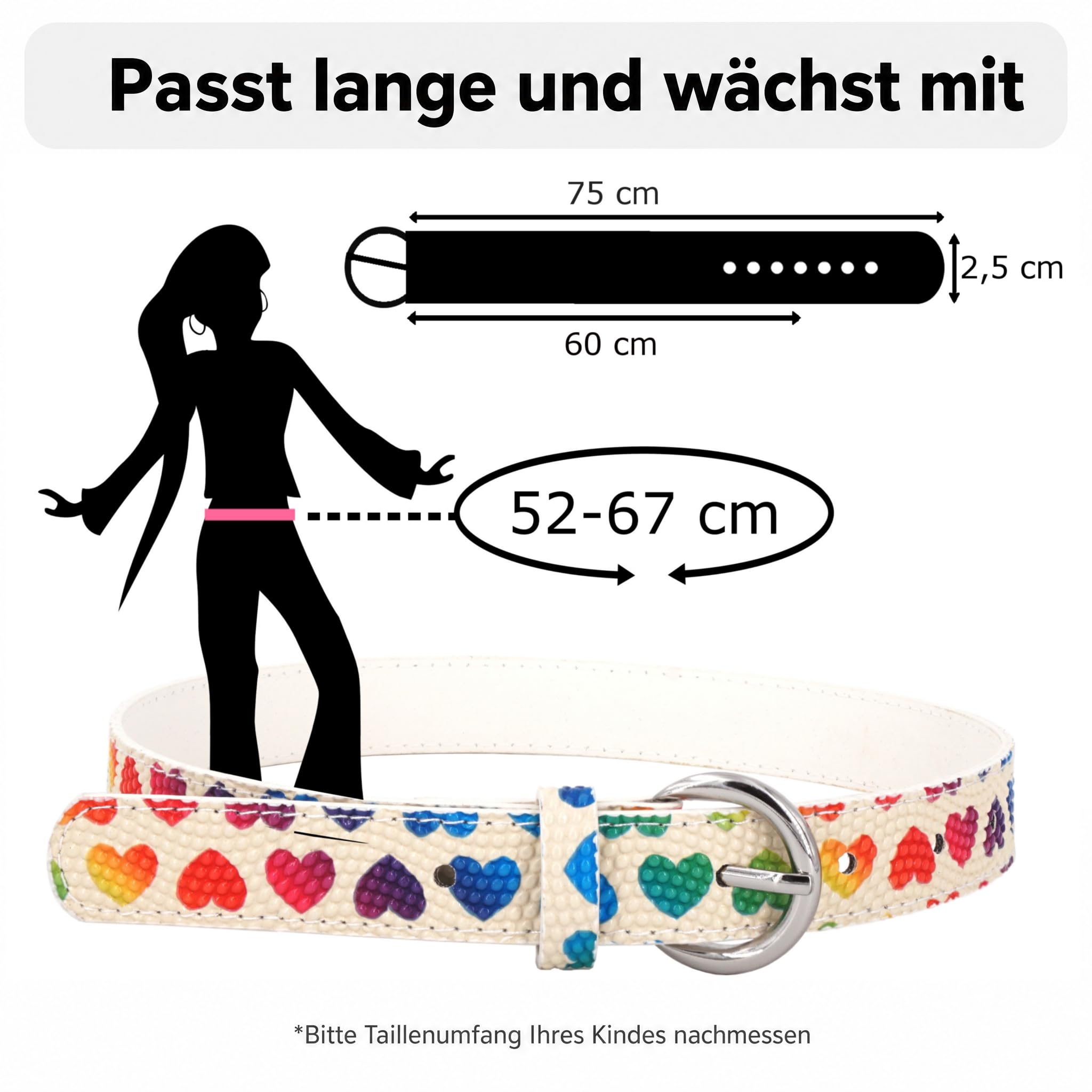 Gürtel für Kinder, Kindergürtel Mädchen & Jungen, verstellbar 52–67 cm, Dornschließe aus Metall, vegan aus Kunstleder, weiß mit bunten Herzen, 2,5 cm breit
