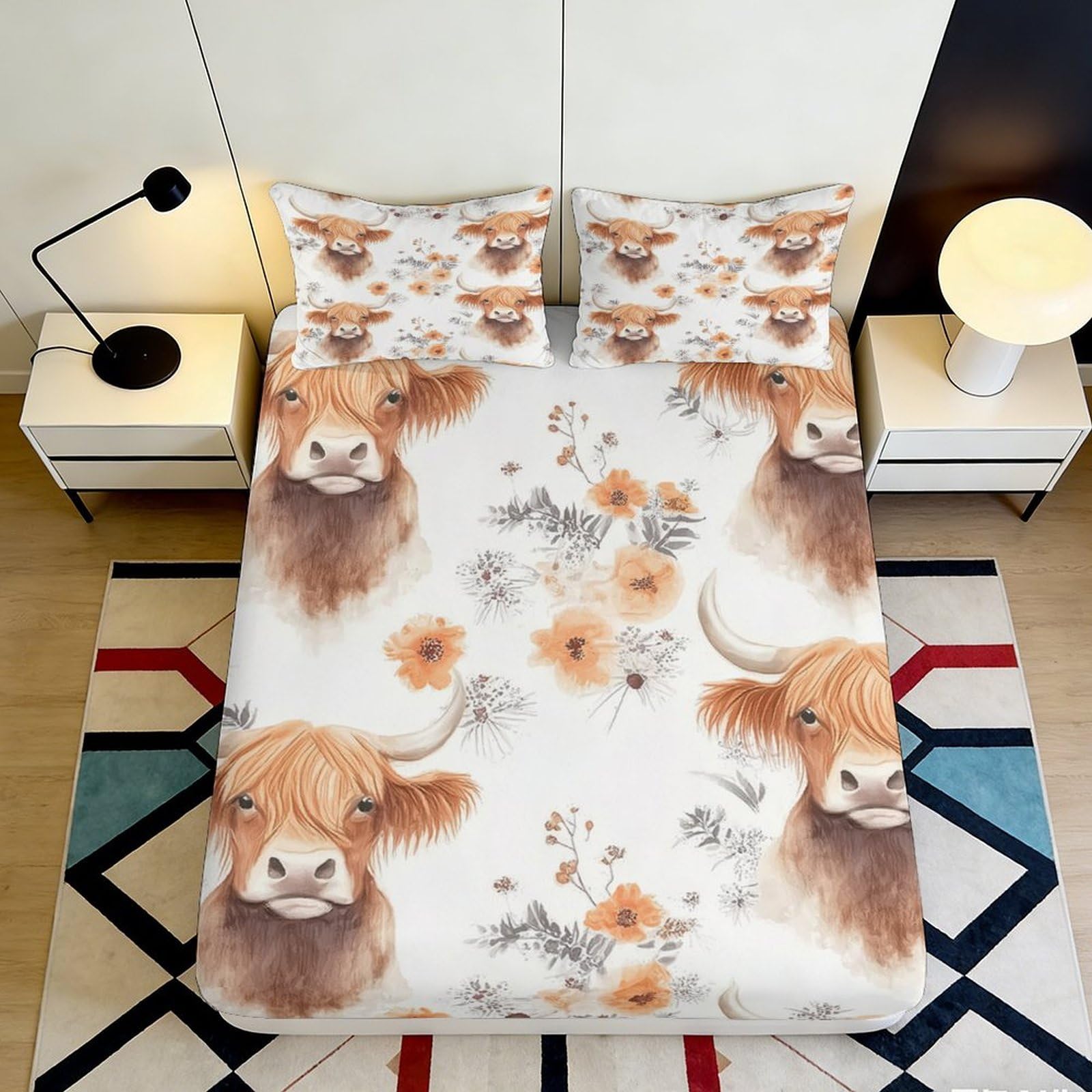 3D Printed Highland Cow Fitted Sheet Microfiber Soft Breathable Floral Bed Cover for Bedroom Dormitory Guest Room Mattress Protection Decor 140x200x25cm