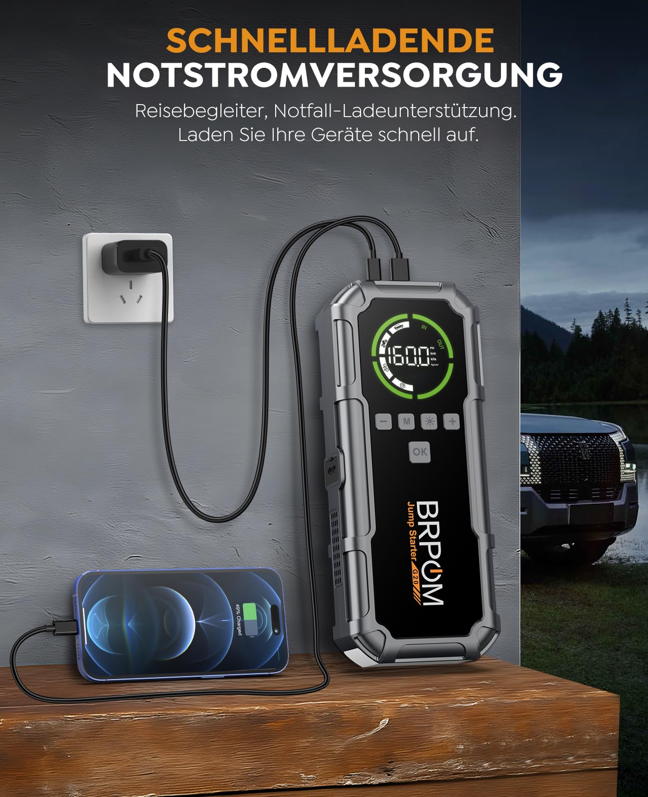 BRPOM Starthilfe Powerbank 8000A, Auto Starthilfe mit Kompressor 160PSI, 26800mAh Batteriestarter für alle Benzinmotoren und bis 12,0L Dieselmotoren, LED-Licht und Powerbank
