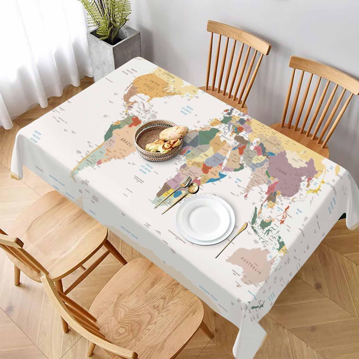 TKS MITLAN World Map Decorative Rectangle Tablecloth Vintage Colors Highly Detailed Political Polyester Table Cloths Kitchen Table Cover for Dining BBQ Picnic Coffee Table 60 x 84 Inch 6-8 Seats