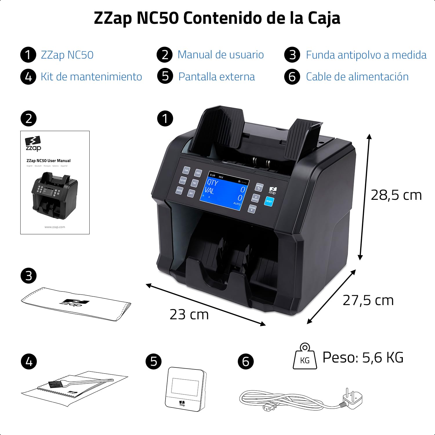 ZZap NC50 Contadora de Billetes y Detector de Falsificaciones - Contadora de Valor para Denominaciones Mixtas - Máquina de Efectivo