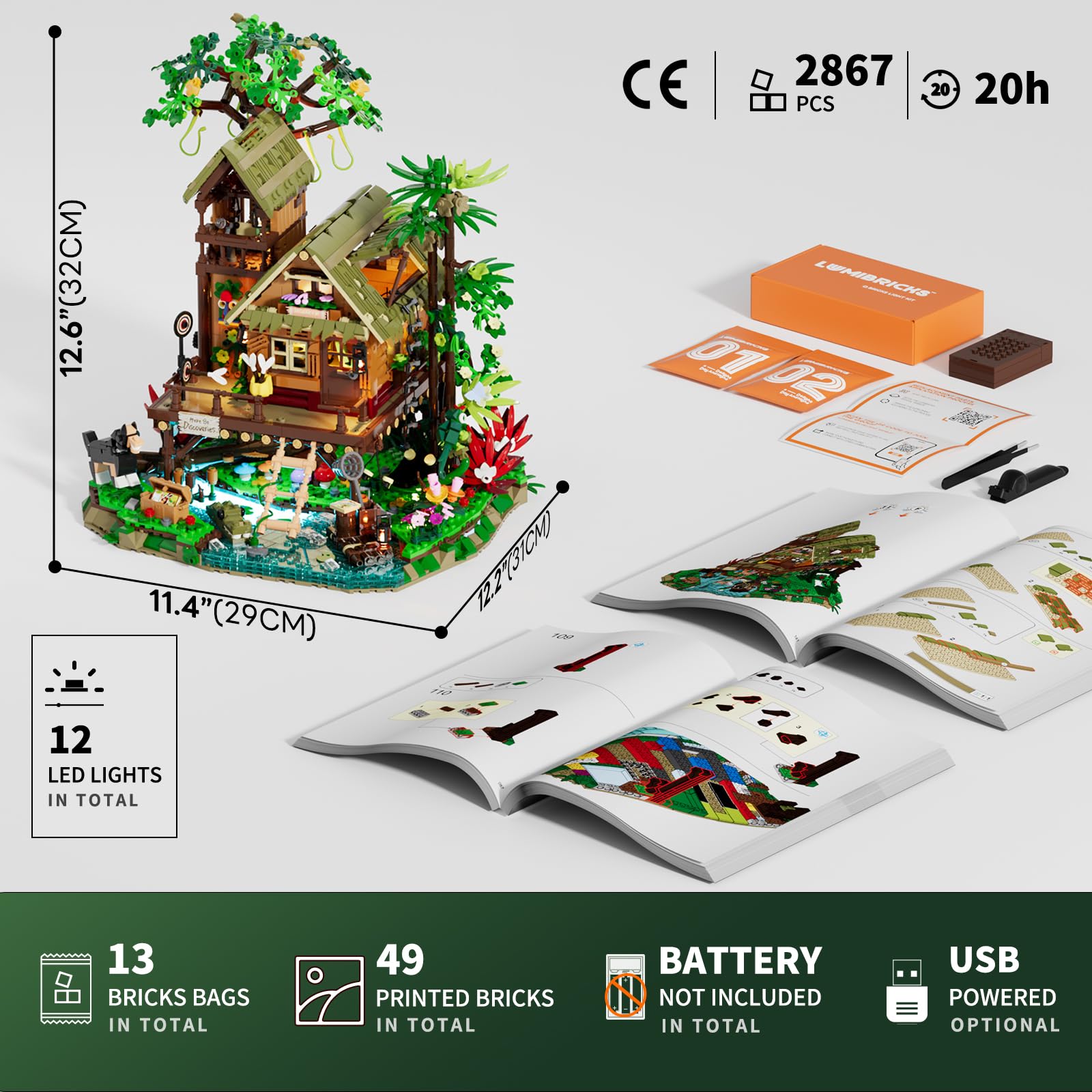 Lumibricks Misty Forest Cabin beleuchtetes Klemmbaustein-Set, 2867 Teile, Tropische Regenwald-Pfahlhütte mit verstecktem Nebelmodul und Glühwürmchen-Beleuchtung, Ausstellungsmodell für Erwachsene