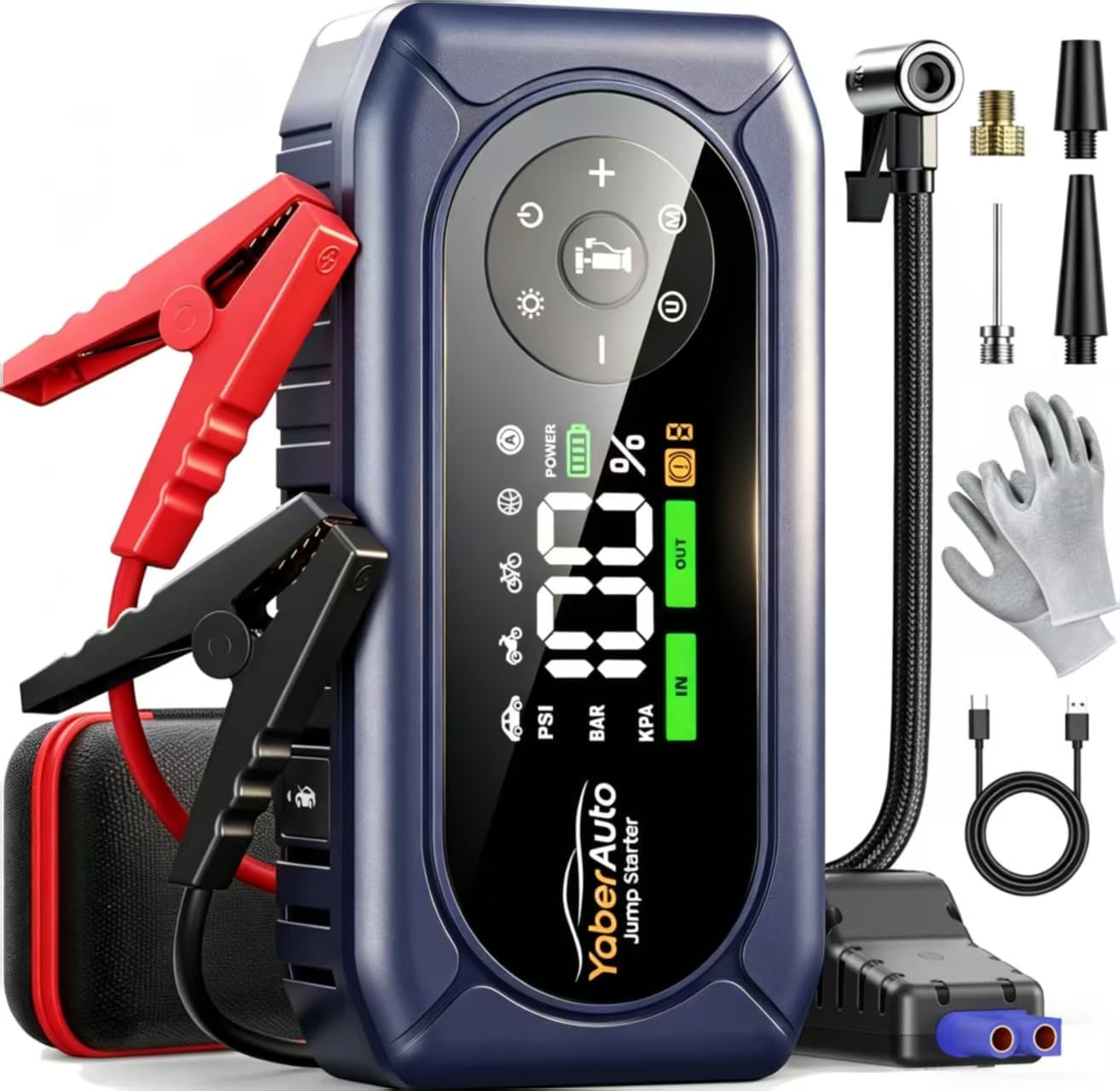 YaberAuto 9-in-1 Car Jump Starter with Air Compressor 4500A 150PSI, Battery Jumper Starter Portable for 9L Gas/8L Diesel, Jump Box with Auto-Shutoff Tire Inflator, Safety Jumper Cables, Gloves, Lights