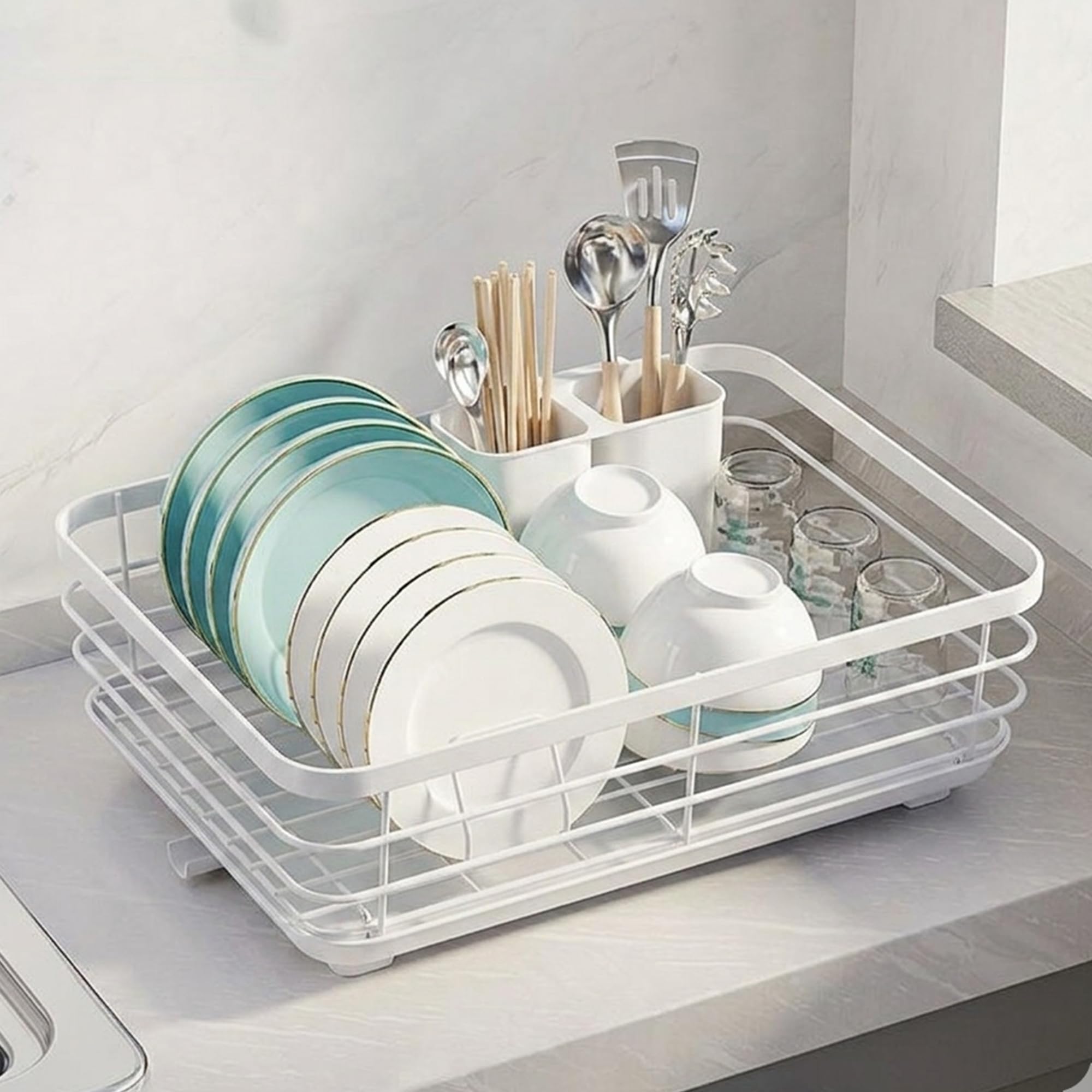 Ur Choice White Dish Drainer Rack With Drip Tray, Metal Dish Drying Rack For Kitchen Counter, Plate Rack & Cutlery Holder, Sink Drainer Rack For Washing Up And Kitchen Storage (, L)