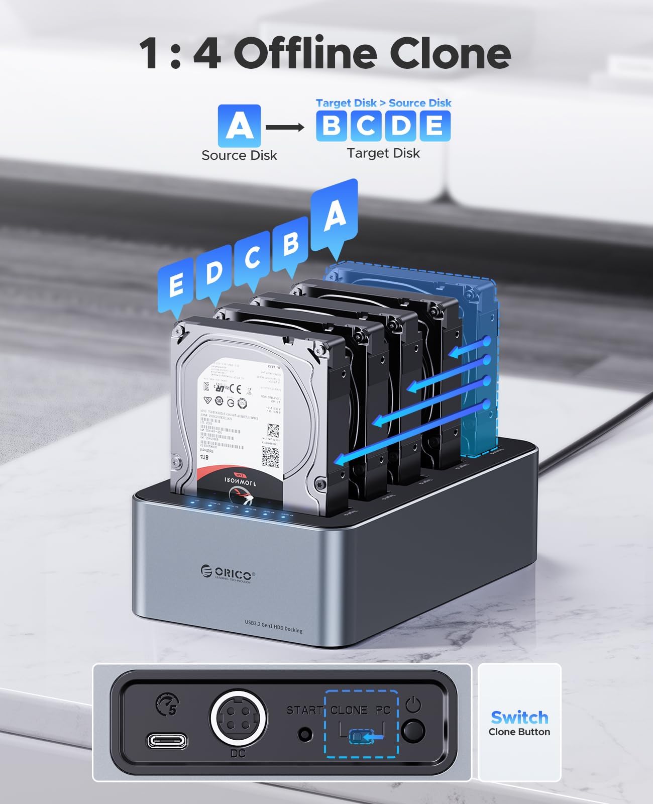 ORICO Clon 6656C3-C - Estación de acoplamiento USB 3.2 Gen 1 para discos duros (5 bahías, 2,5/3,5 pulgadas, SSD/HDD hasta 20 TB, clonación fuera de línea, fuente de 12V)