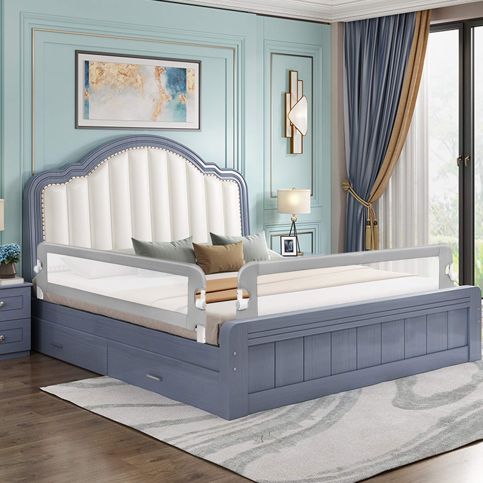 GYMAX Sponda del Letto per Bambini, Paracolpi Barriera di Sicurezza Pieghevole per Lettino, Letto Singolo Matrimoniale Queen King (Grigio, 105 x 38 x 43 cm)