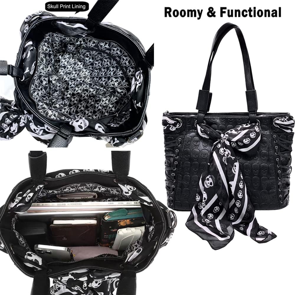 Downupdown Women Handbags Purse Shoulder Bags Skull Print Leather Hobo Bag Black Gothic Bag Ladies Satchel with Handkerchief - Image 3