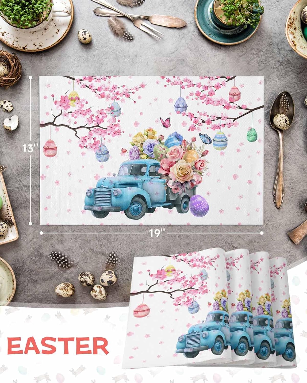 Easter Placemats Set of 6 Blue Truck Easter Eggs Easter Placemat for Table Butterfly Flower Cherry Blossom Non Slip Heat Insulation Washable Table Mats for Seasonal Spring Holiday Party Home Decor
