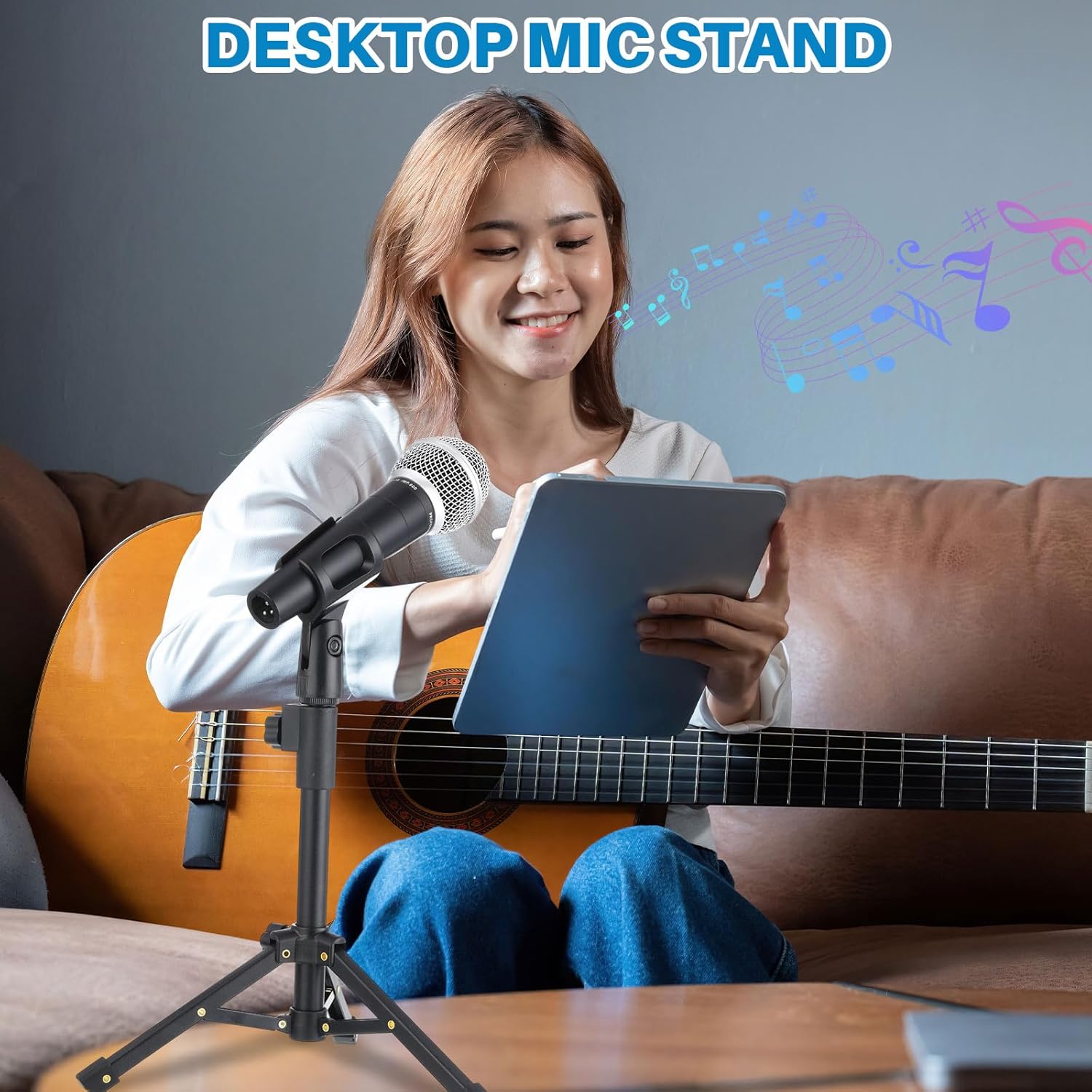 4 Set Desktop Mic Stand Portable Foldable Adjustable Tabletop Microphone Stand Microphone Tripod with Mic Clip, Storage Bag and 5/8" Male to 3/8" Female Screw(Stylish,10.63''-15.35'')