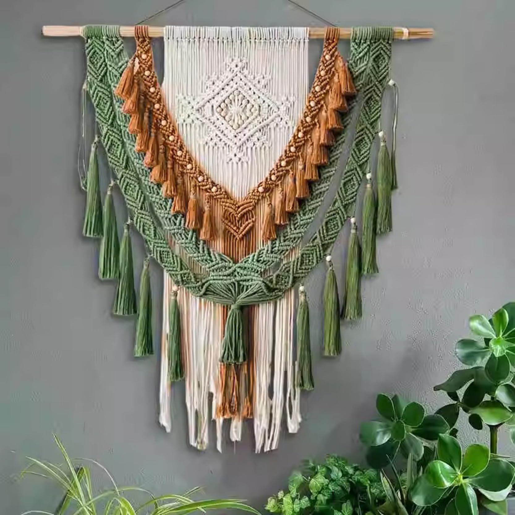 Makramee Wandbehang Groß im Boho-Stil, Breite 31,5/39,4/47,2 Zoll, Boho-Wandteppich, Höhe 41,3/47,2/59 Zoll, beige und grüne Baumwollseil-Quasten-Wanddekoration(100x120cm)