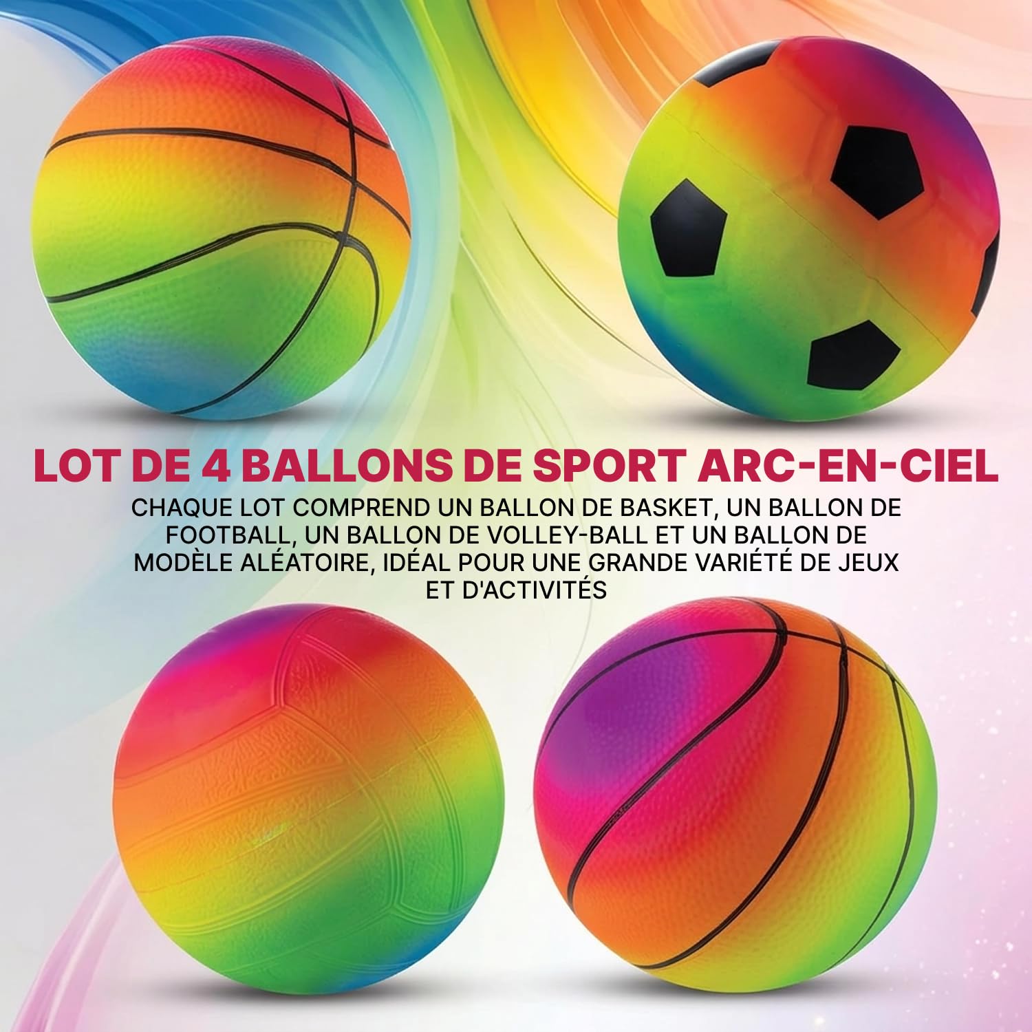 Mini Ballons de Sport Arc-en-ciel - 12,7 cm (Lot 4) Ballons Enfants Vinyle avec Pompe Air Manuelle, Mini Ballon Basket Fluo, Ballon de Foot et Volley-ball, Terrain Jeux, Intérieur et Extérieur