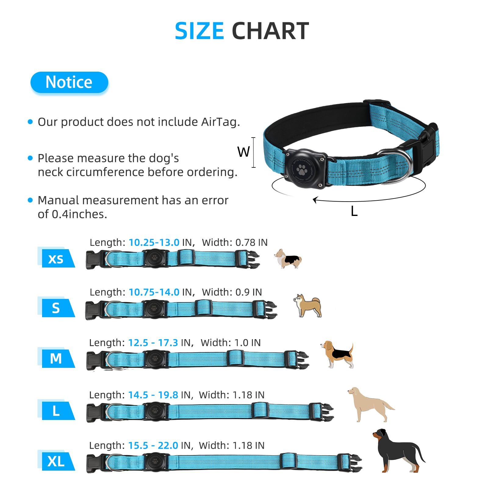 Upgraded AirTag Dog Collar, IP68 Waterproof Air Tag Dog Collar Holder, Reflective, Ultra-Durable, Comfortable Padded, Heavy Duty Dog Collars for Small Medium Large Dogs (M (12.6"-17.1"), Blue) - image 6