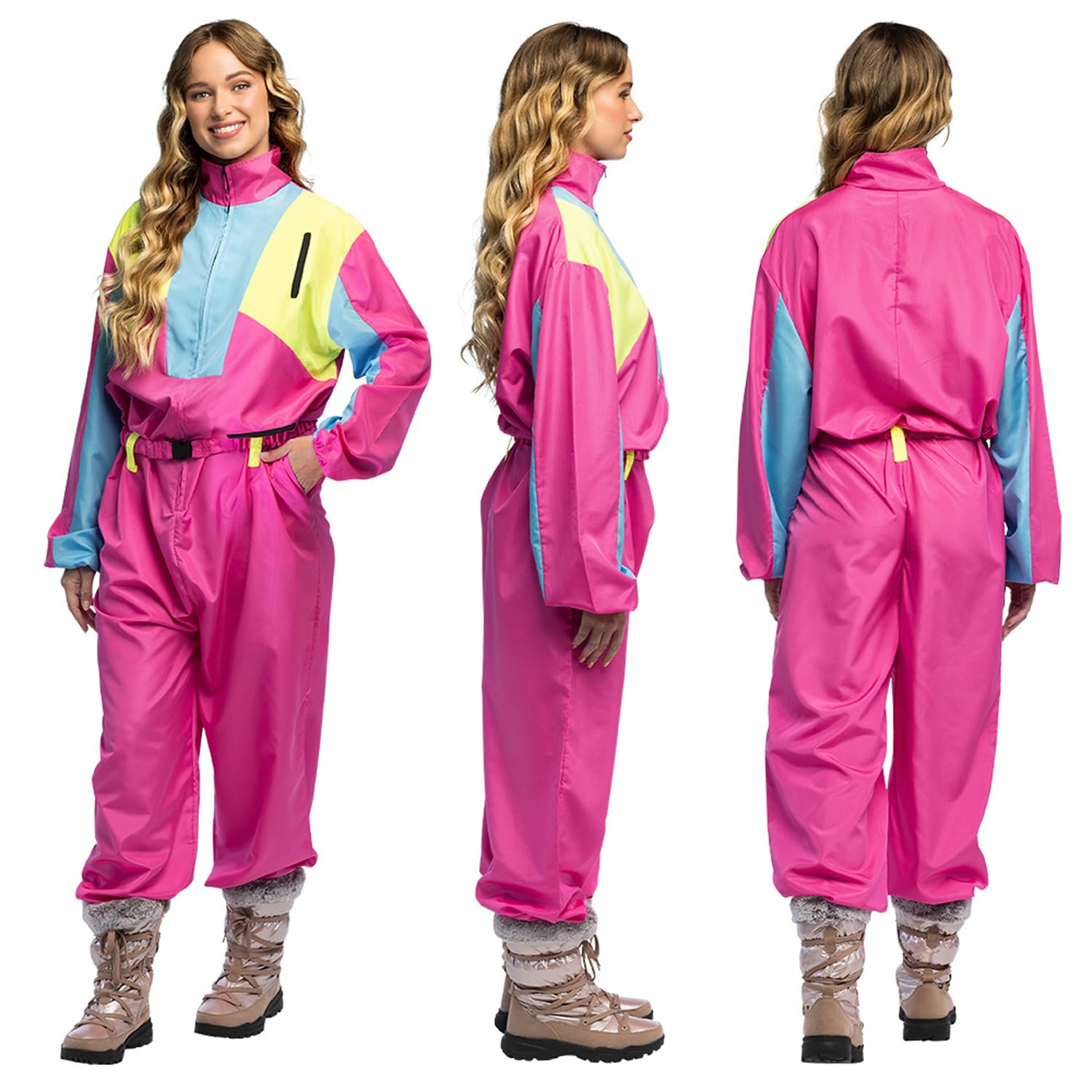 Boland – Combinaison de ski rétro rose, brille sous la lumière noire, costume des années 80 pour femmes, tenue pour soirée après-ski, combinaison pour costumes de carnaval