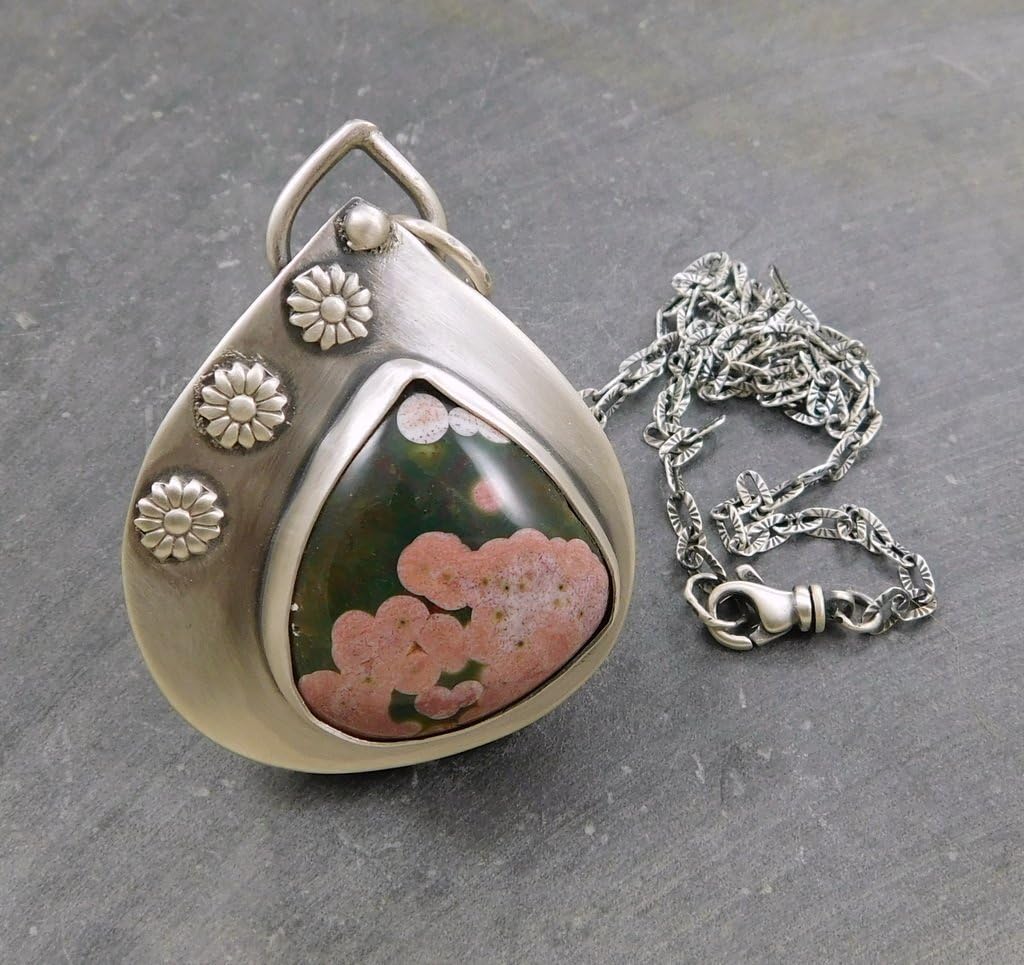 Pink Black Ocean Jasper Stone Oxidized Sterling Silver Flower Pendant