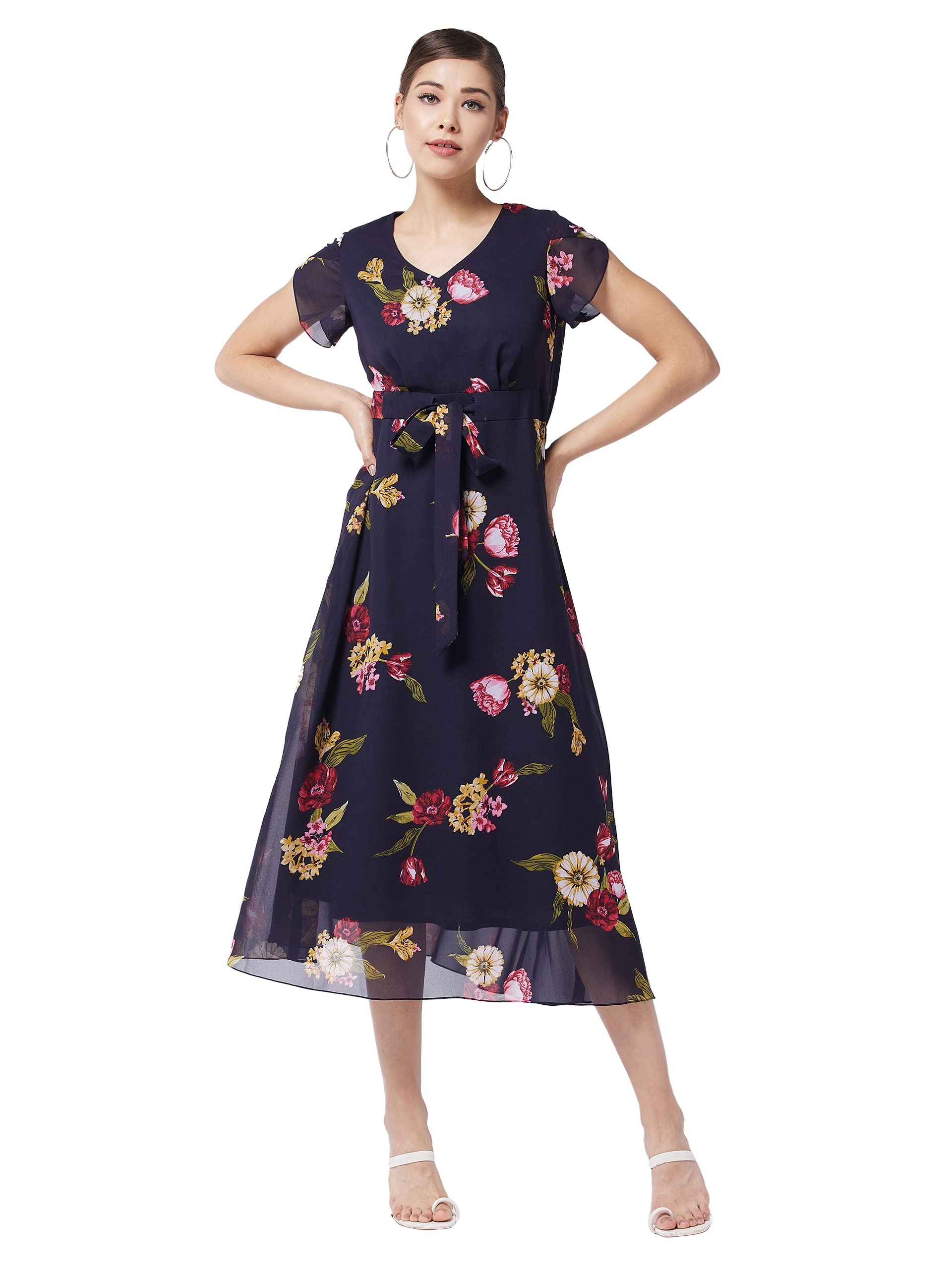 Miss Chase Women's V-Neck Short Sleeve Floral Pleated Midi Dress (Mcaw21D14-87-178-05, Multicolored-Base-Navy Blue, L)
