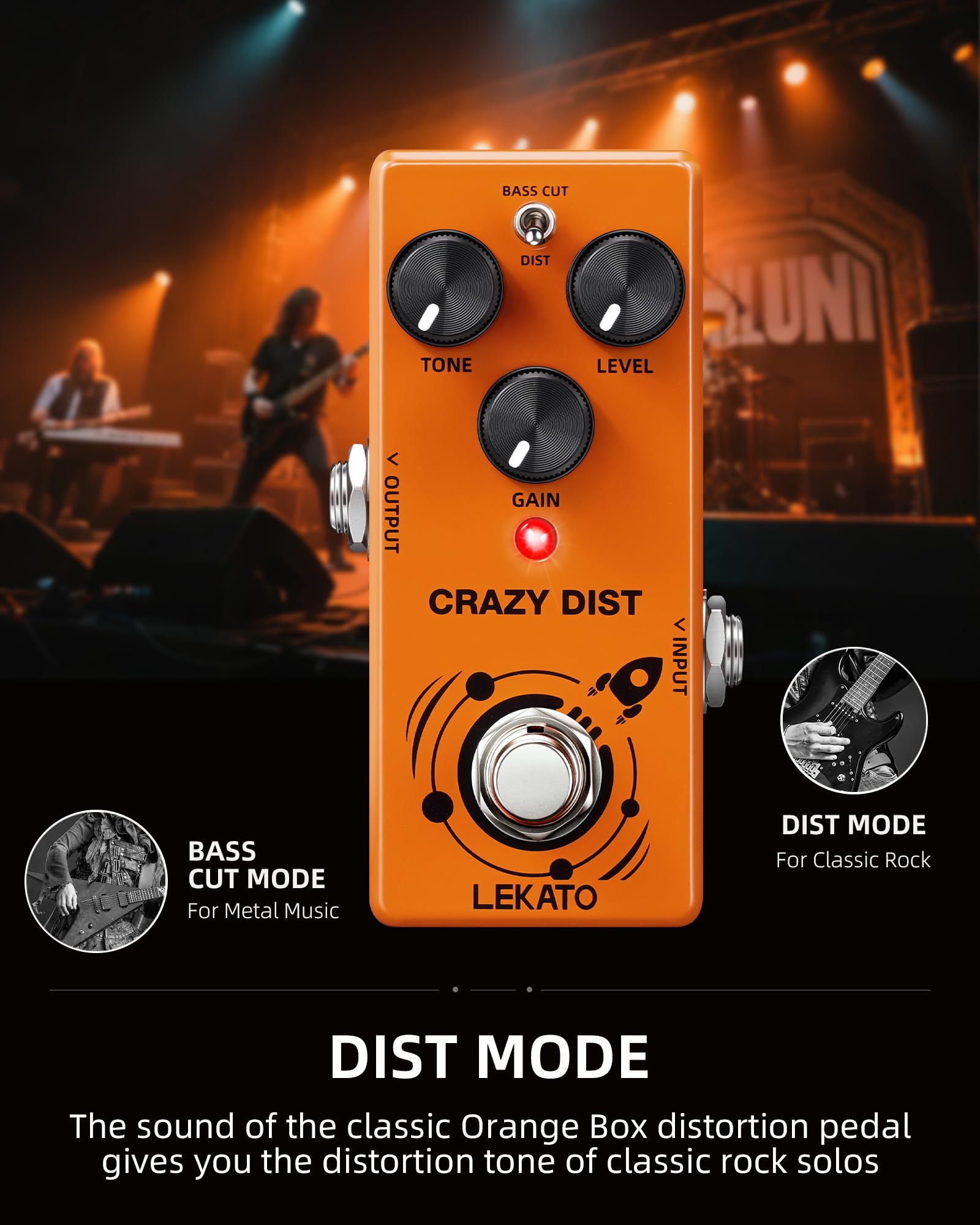 LEKATO Mini pedale distorsione, effetto distorsione, per chitarra elettrica, con due modalità BASS CUT/DIST, pedale analogico per chitarra, Truebypass, DC 9 V