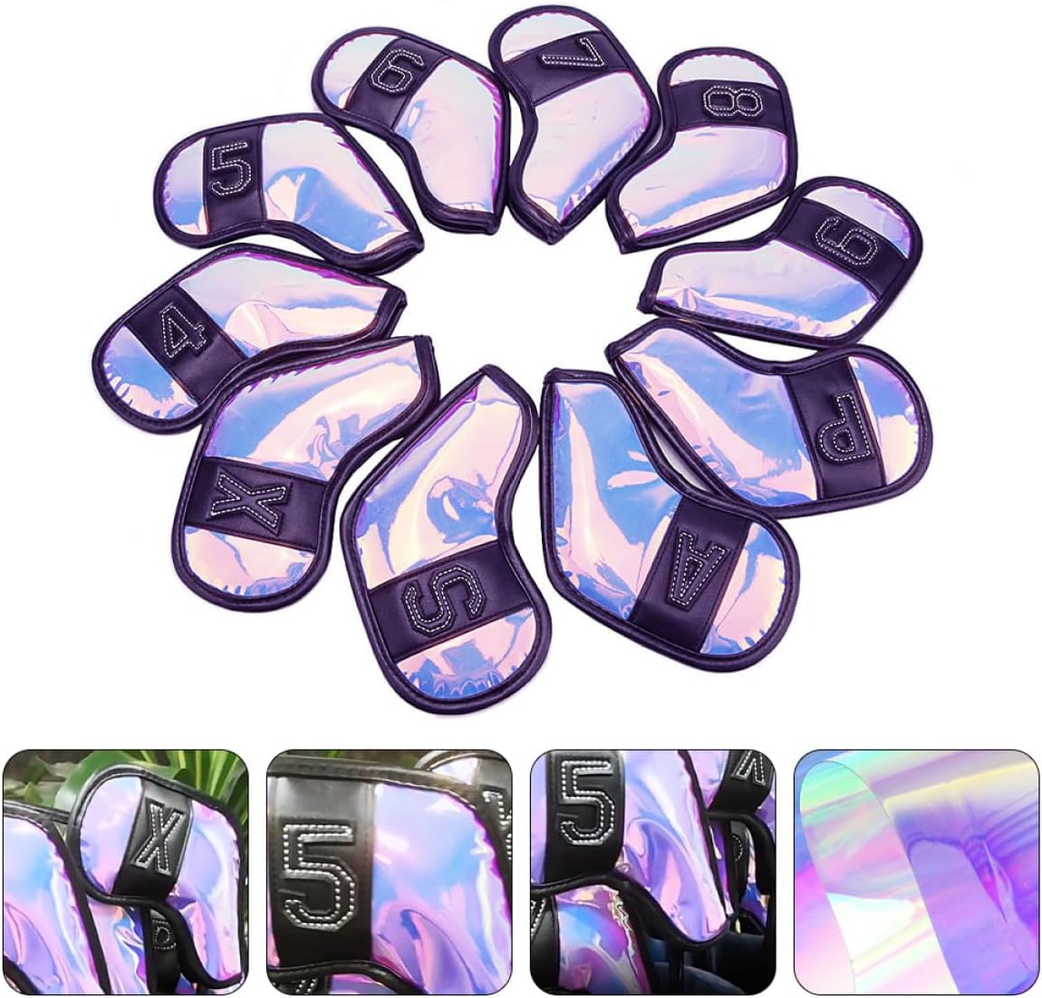 10Pcs Golf Club Covers TPU Putter and Iron Head Covers Iridescent Mirror Finish with Black Trim Professional Driver Accessories for Golfers
