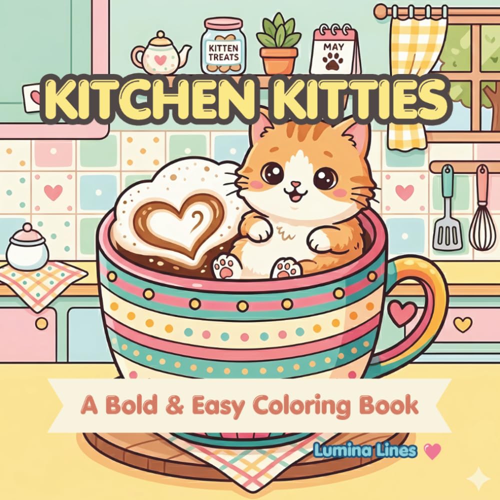 Kitchen Kitties: A Bold and Easy Coloring Book with 50 Simple and Adorable Designs for Adults, Seniors, and Beginners