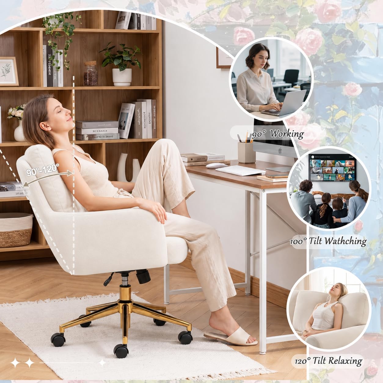 Silla Terciopelo, 360° Silla Giratoria con Respaldo y Reposabrazos, Sillas Escritorio Beige