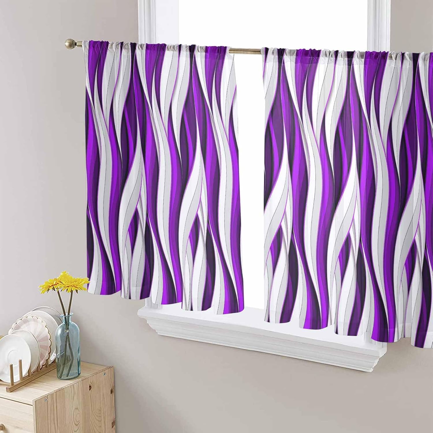 Modern Purple 2 PCS Semi-Sheer Curtains 45 Inches Long - Rod Pocket Voile Panels, Window Drape Chiffon Fabric Sheer Curtains for Living Room Bedroom, Geometric Stripes Abstract Grey White 104x45