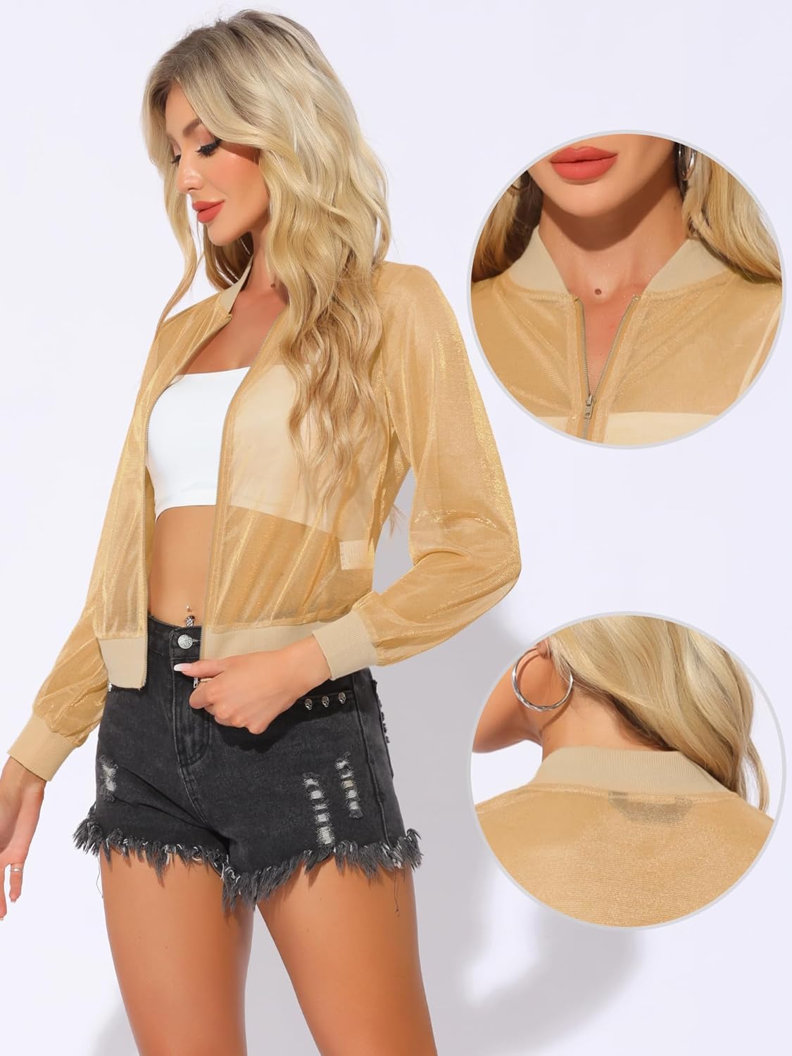 Allegra K Glitter Mesh Bomber Jacket for Women's Shiny Long Sleeve Party Club Zip Up Sheer Jackets - Image 2