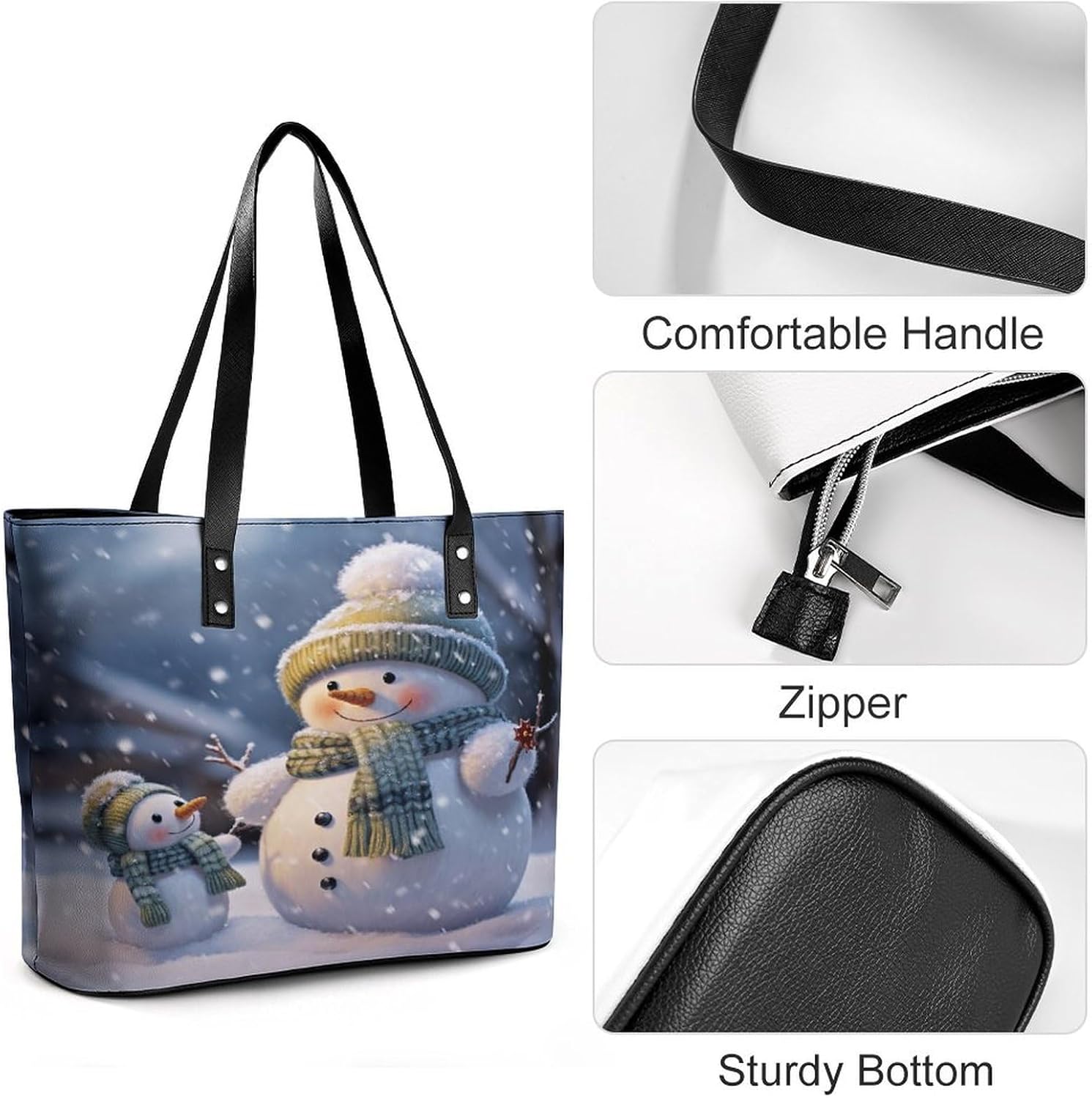 Winter Snowman Tote Bag Large Soft Leather Purse with Zipper Lightweight Ladies Shoulder Handbag