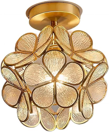Lámpara de techo de pétalos de 7.9 pulgadas, luz de techo de cobre y vidrio estilo Tiffany, lámpara de techo moderna con base E27 para pasillo,