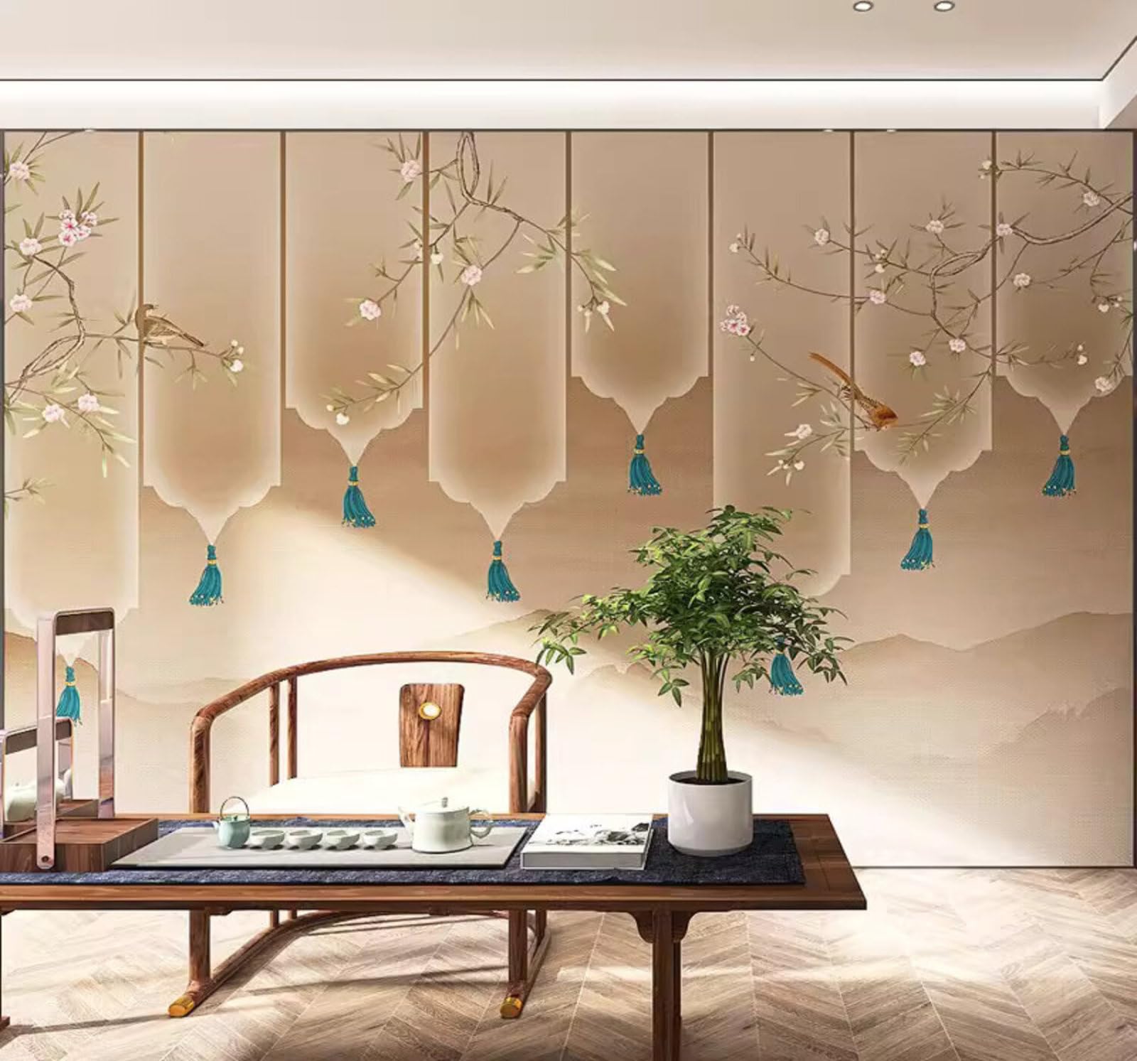 Abstract Classical Mountain Peaks Patterns Flowers and Birds 3D Wallpaper Easy Install Feature Office Living Room Sofa Bedroom TV Background Wall Decoration-150cm×105cm
