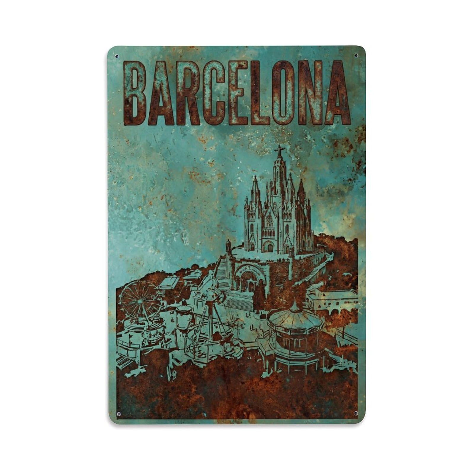 Este 8X12inch Style Vintage Travel Barcelona Spain Key Metal Tin Sign