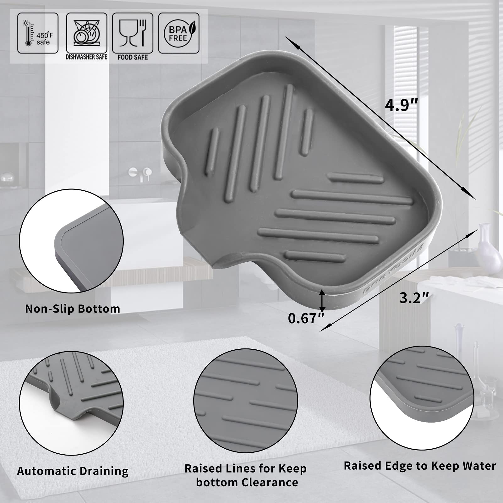 MicoYang Silicone Bathroom Soap Dishes with Drain Spout-Bathroom and Kitchen Sink Organizer,Sponge Holder,Dish Soap Tray,Perfect for Dispenser,Scrubber,Bottle,Cup on Sink or Counter-Grey 4.9"×3.2"