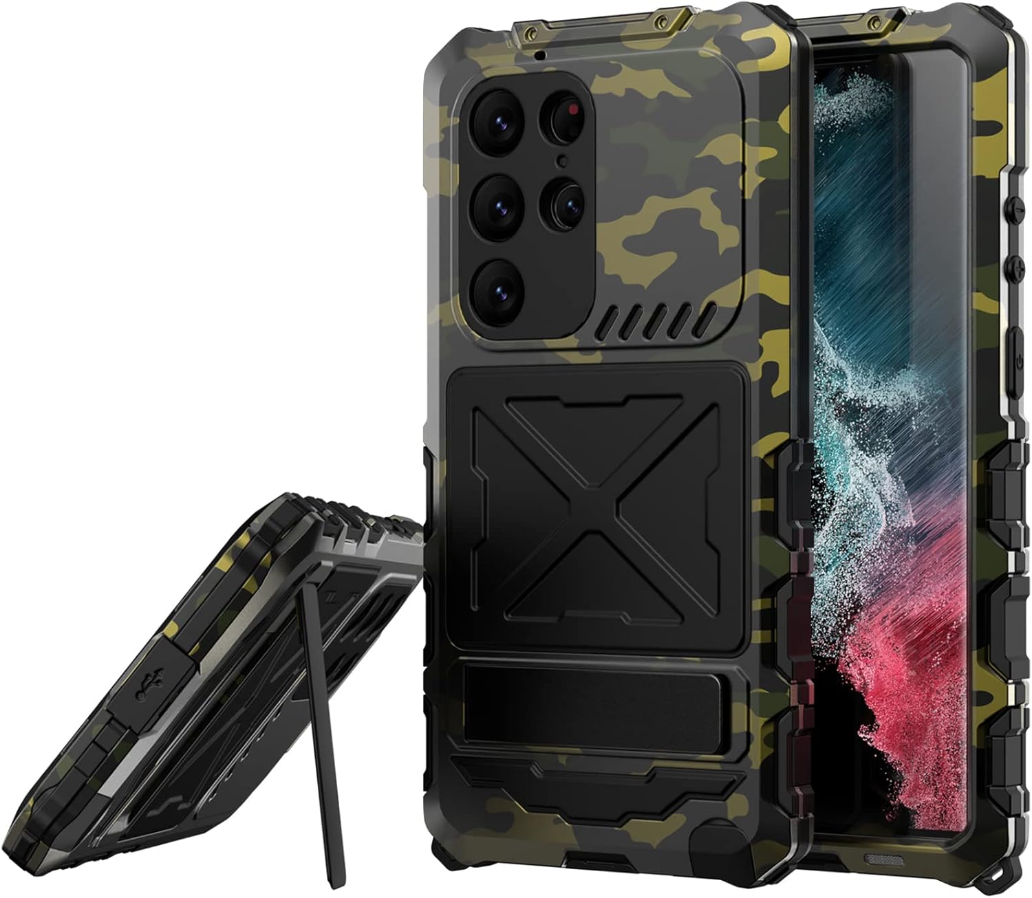 Galaxy S23 Ultra Case, Rugged Shockproof Full Body Cover Built-in Stand Tempered Glass, Heavy Duty Military Protection Metal Bumper Case for Samsung Galaxy S23 Ultra 5G Men Women Camouflage