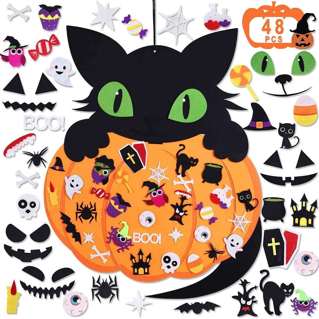 AMDX 2.65ft Halloween DIY Pumpkin Cat Felt Set with 48PCS Ornaments Home Decoration Wall Hanging Felt Craft Kits for Kids Halloween Birthday Party Favor