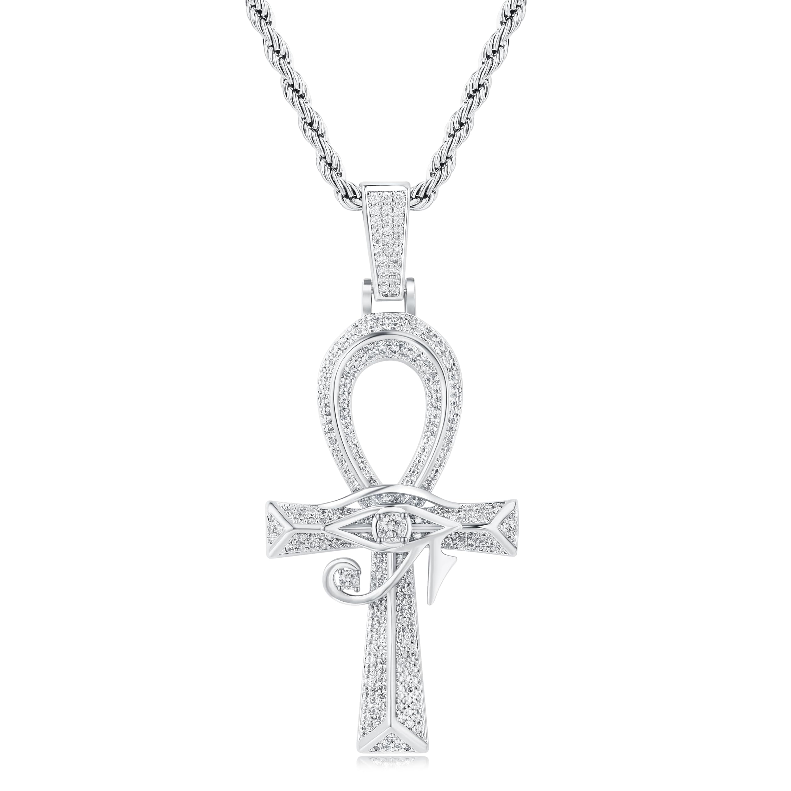 Cysnuc Eye of Horus Ankh Cross Pendant Necklace 18K White Gold Plated Iced Out CZ Bling Ancient Egyptian Religious Symbol Protection Chain Jewelry for