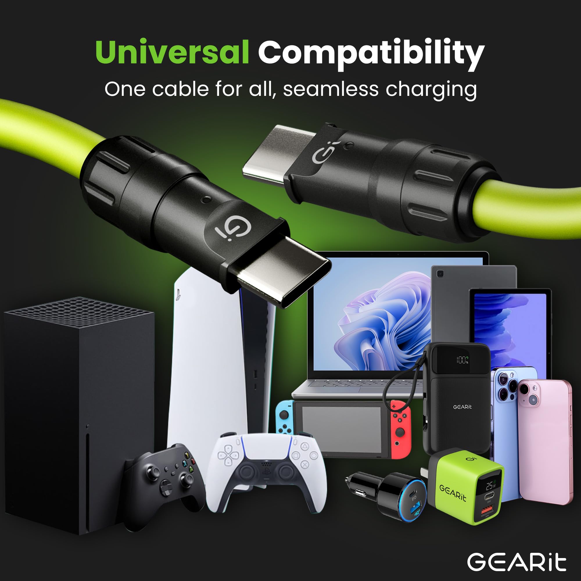 GEARit Câble de charge 4 en 1 100 W en silicone USB-C à charge rapide avec connecteurs USB-A et Lightning - Cordon de charge universel multi-appareils compatible avec iPhone, MacBook Pro, 1,8 m, vert