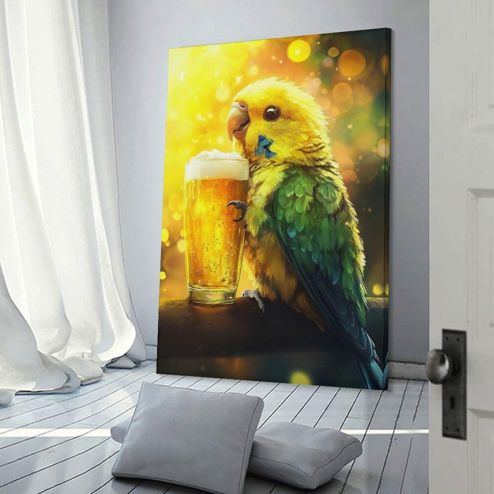 Junmoney Frame-Style-18 Parrot Cheers With Beer Canvas Wall Art 12X18inch(30X45cm), For Workspace Walls, Study Corners Or Bedrooms, Wall Art That Adds Style To Work Areas
