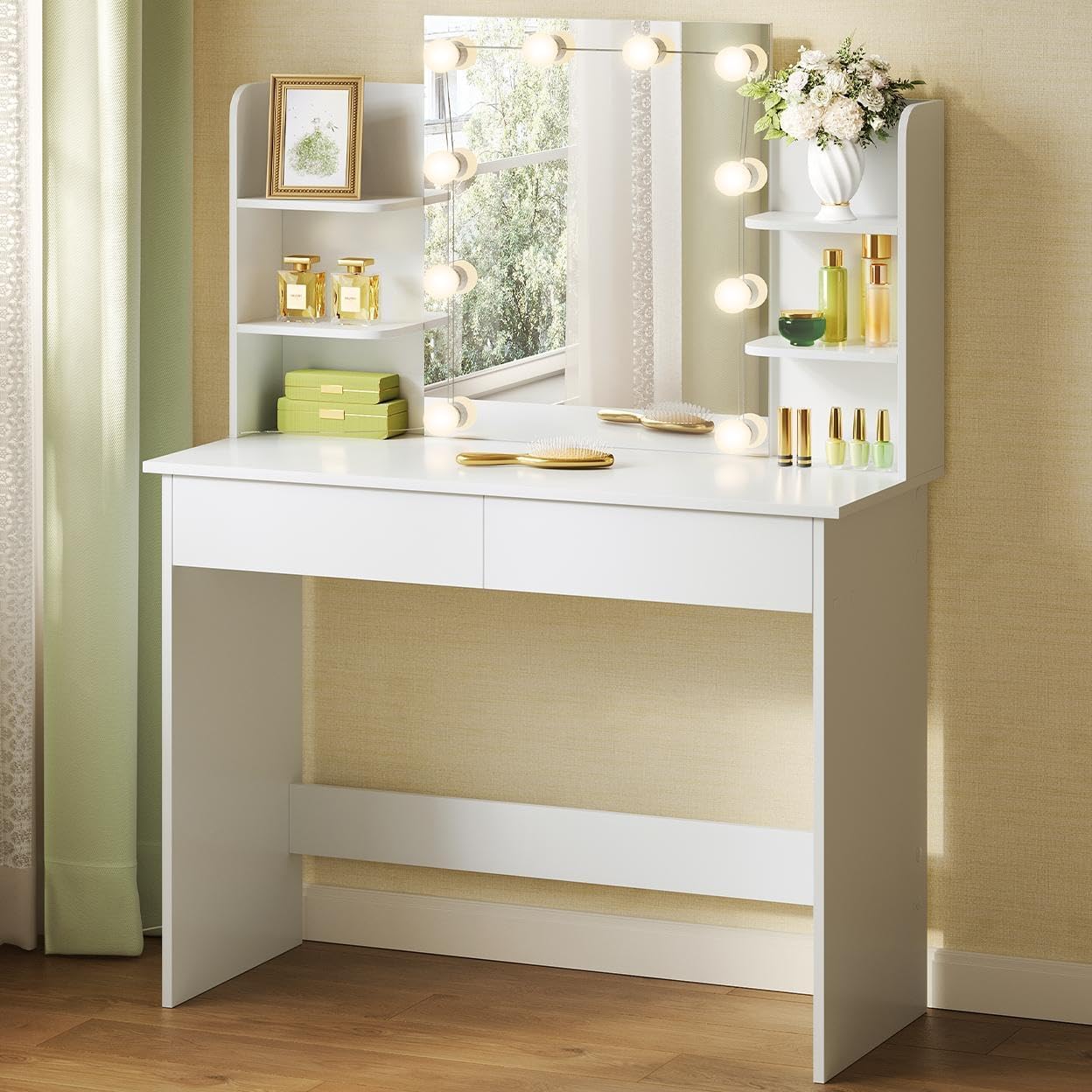 WOLTU Dressing Table, Vanity Desk, with Mirror and 10 Dimmable LED Bulbs, 2 Drawers and 4 Shelves, White Dressing Table, White, 90x40x135cm, MB6096ws