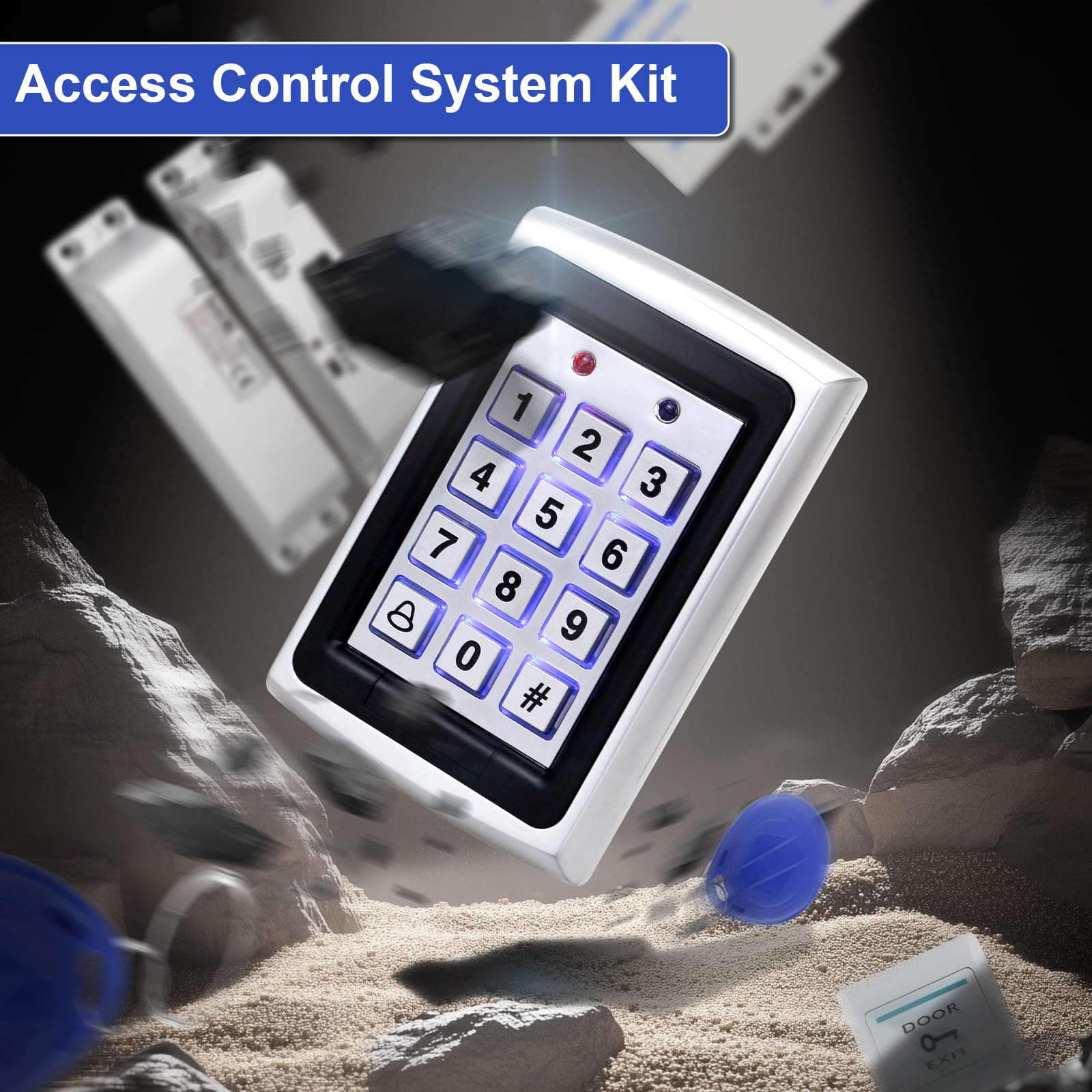 Kit de contrôle d'accès en métal – Choisissez une serrure magnétique de 180 kg ou une gâche électrique, comprend une alimentation, un bouton de sortie, 10 porte-clés d'identification bleus – 125 kHz