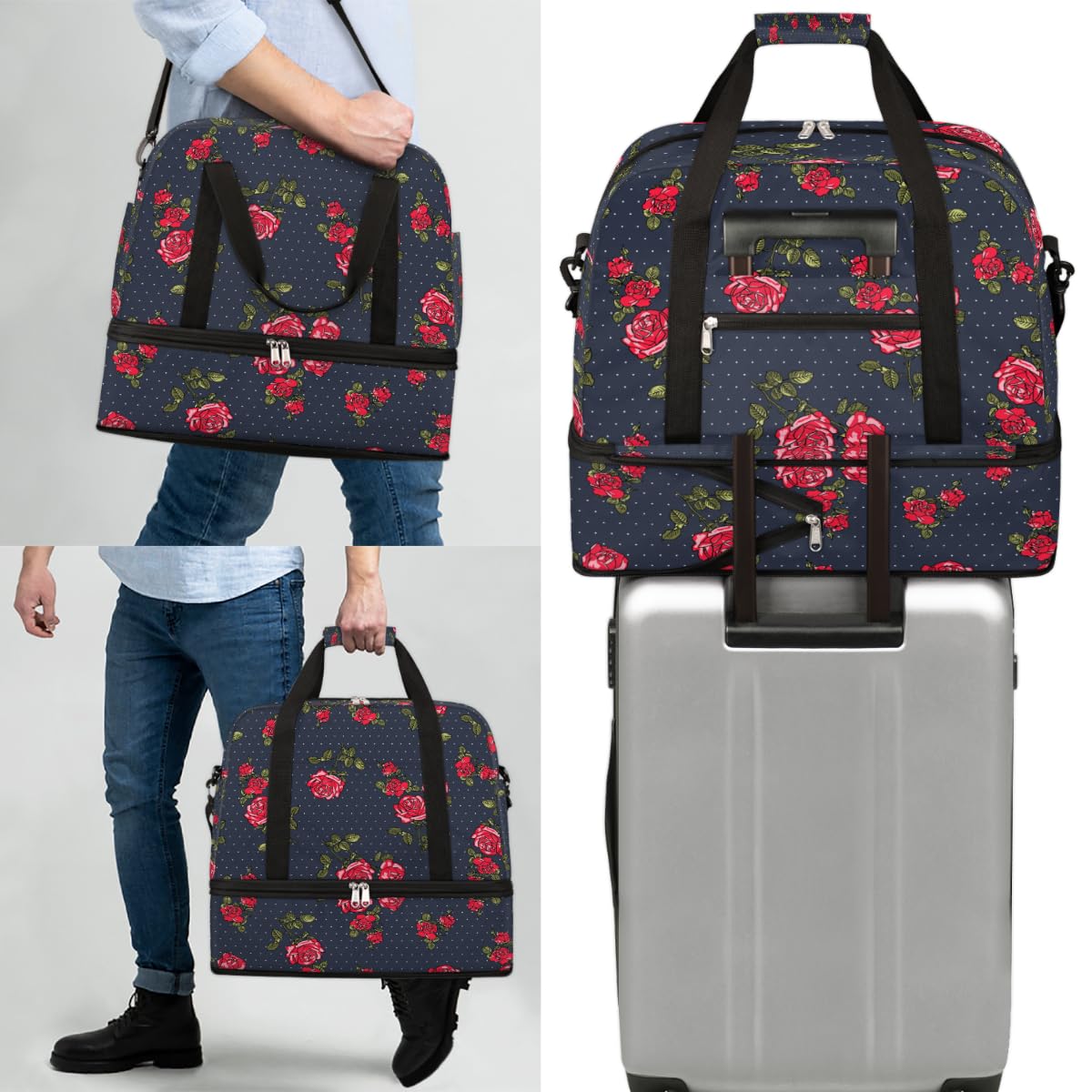 Bolsa de viaje plegable con diseño de lunares de rosas de 47 litros, bolsa de fin de semana con funda de carrito, bolsa de hombro separada para deportes, gimnasio, viajes, multicolor, 47L, Bolsa de