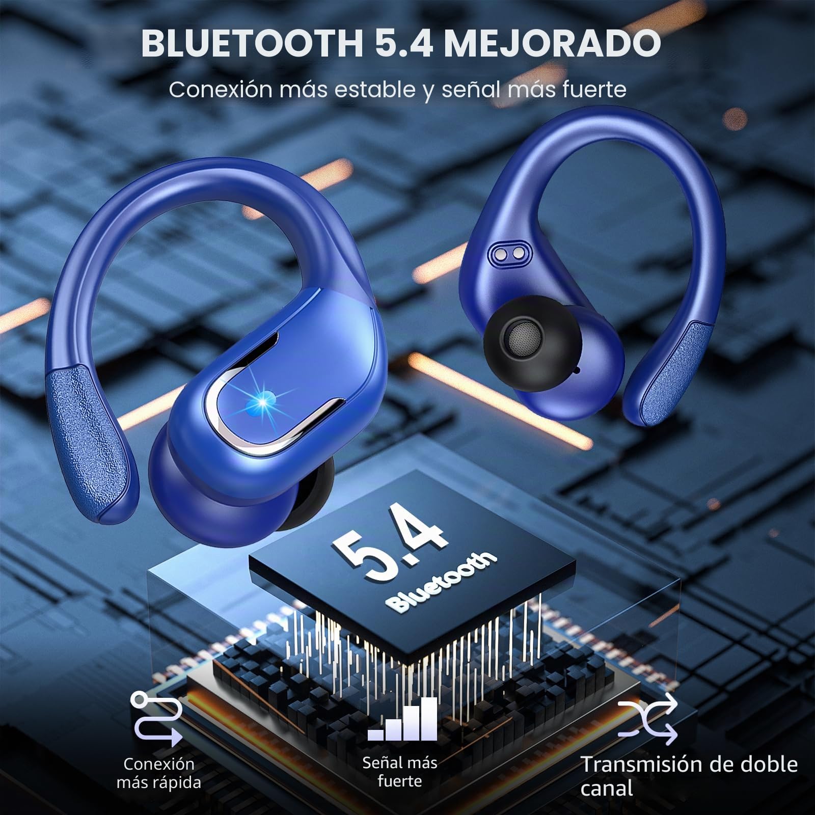Auriculares Inalambricos Deportivos, 75H Auriculares Bluetooth 5.3 con HD Cancelación Ruido ENC Mic, Cascos Inalámbricos Bluetooth HiFi Estéreo, Audifonos Inalambricos IP7 Impermeable, Tipo-C, Azul