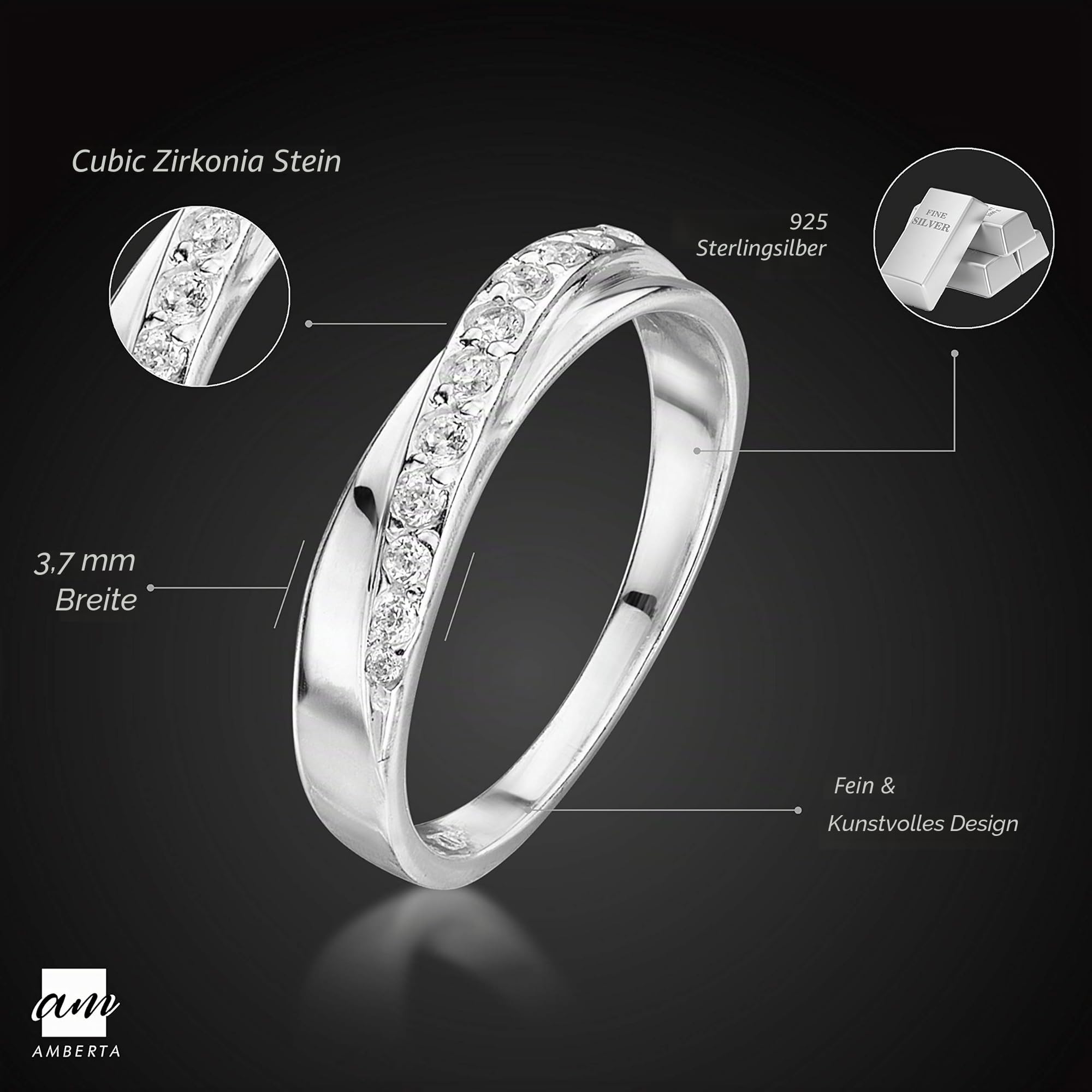 Amberta Damen Ring aus Sterling Silber Gekreutzter Hochzeitsring Zirkonium Steine Spirales Design