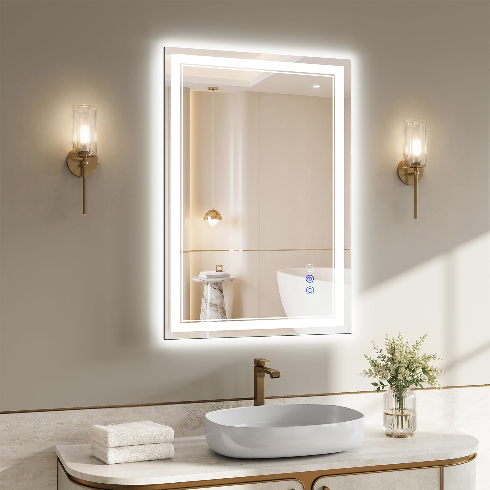 XRAMFY Bathroom Mirror with LED Lights, 71x51 cm Led Mirror with Anti-Fog, 3 Colors Dimmable, Memory Function, HD Tempered Glass Wall Mirror Horizontal/Vertical — image 1