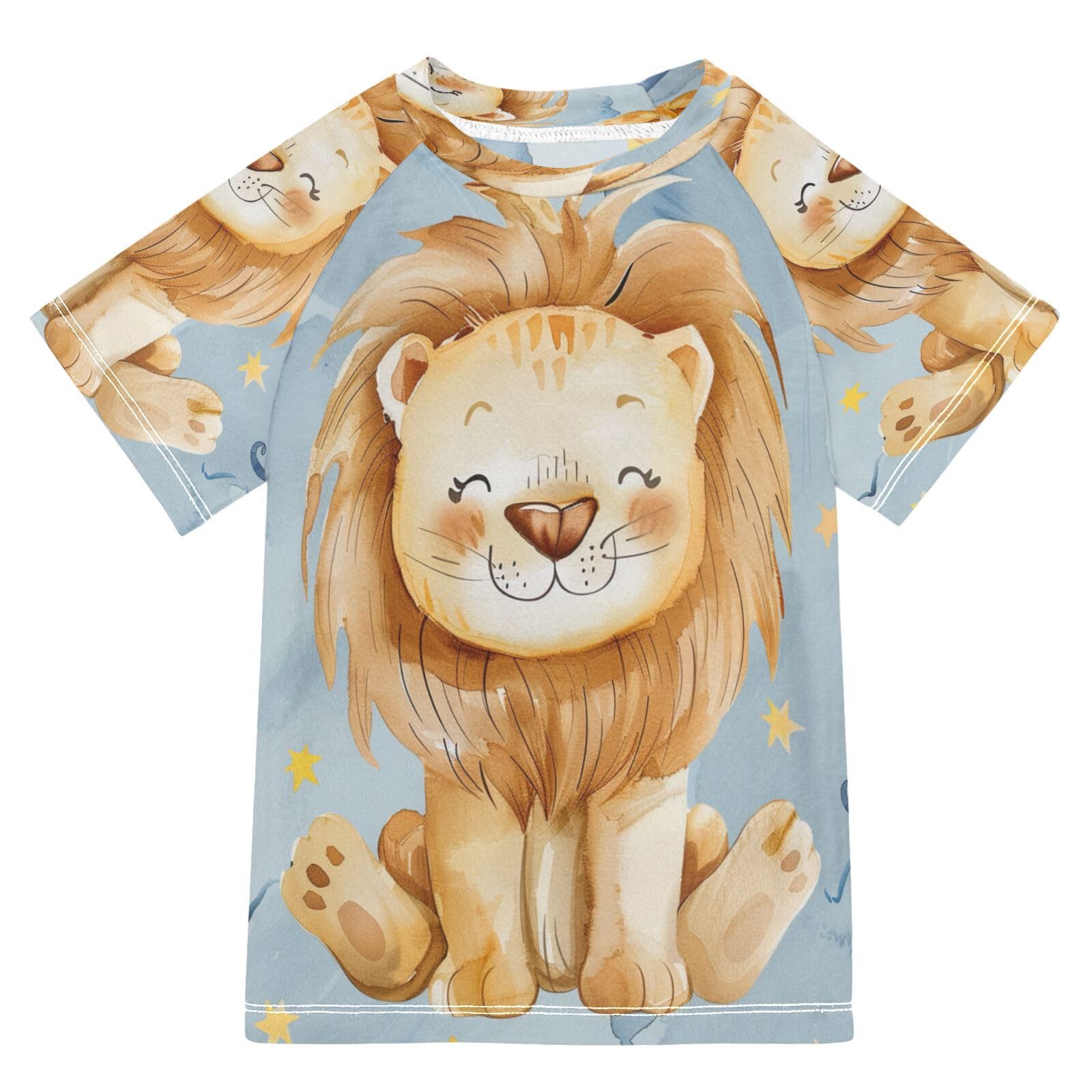 MNSRUU Toddler Boy Rash Guard Short Sleeve Swim Shirt Lion Print Rashguard 5-6T Beach Shirts Quick Dry,16